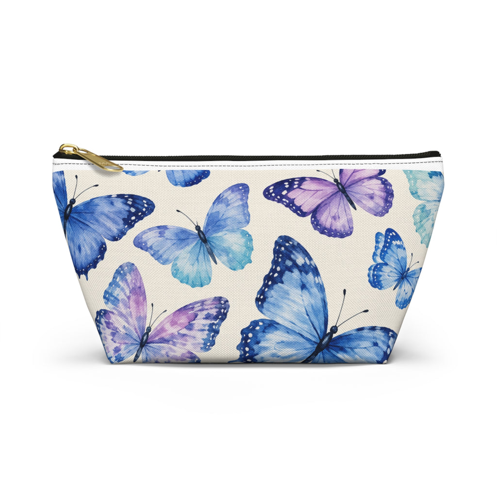 Blue & Purple Butterfly Accessory Pouch — Floral Makeup Bag with T-Bottom