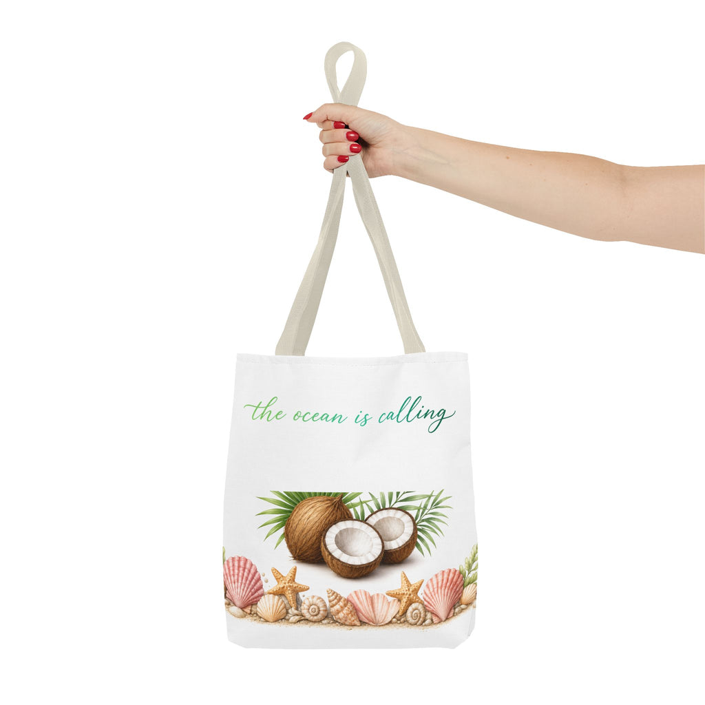 Beach Vibes Coconut Tote — “The Ocean Is Calling” All-Over Print