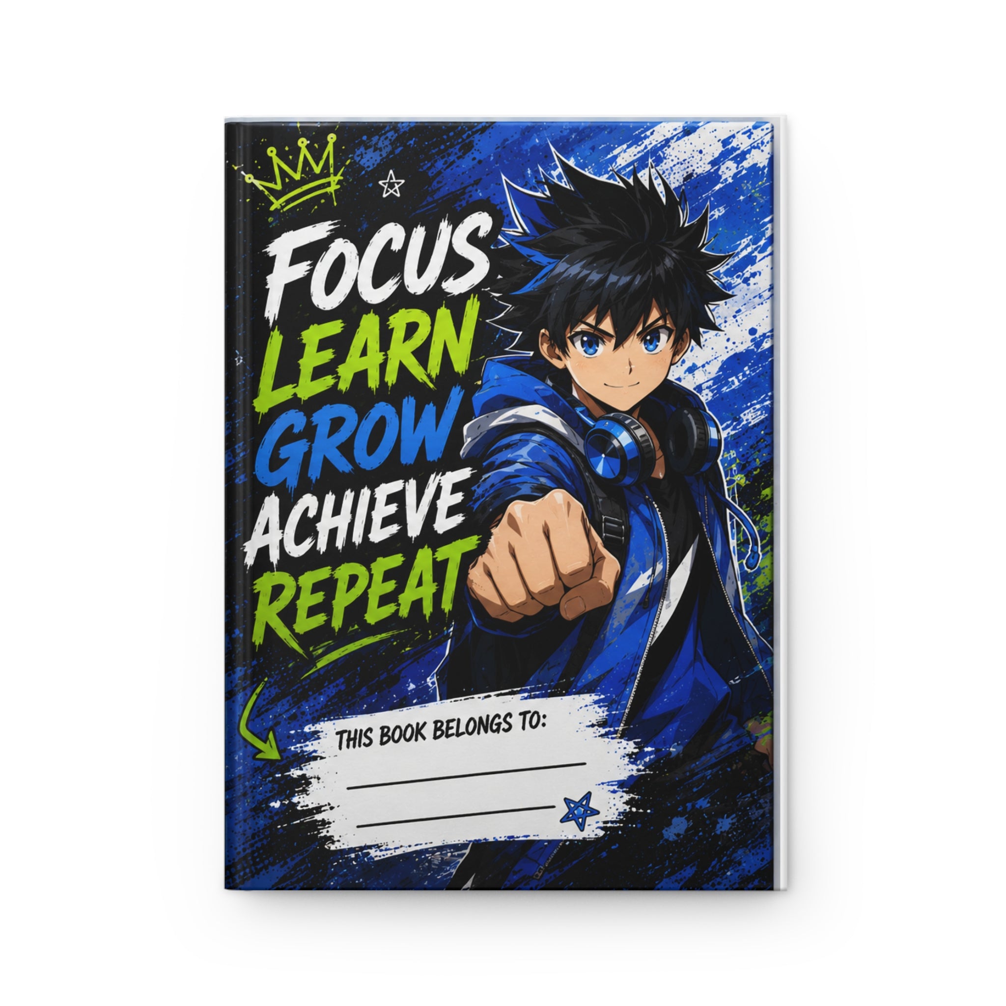 Motivational Anime Hardcover Journal — "Focus Learn Grow Achieve Repeat"