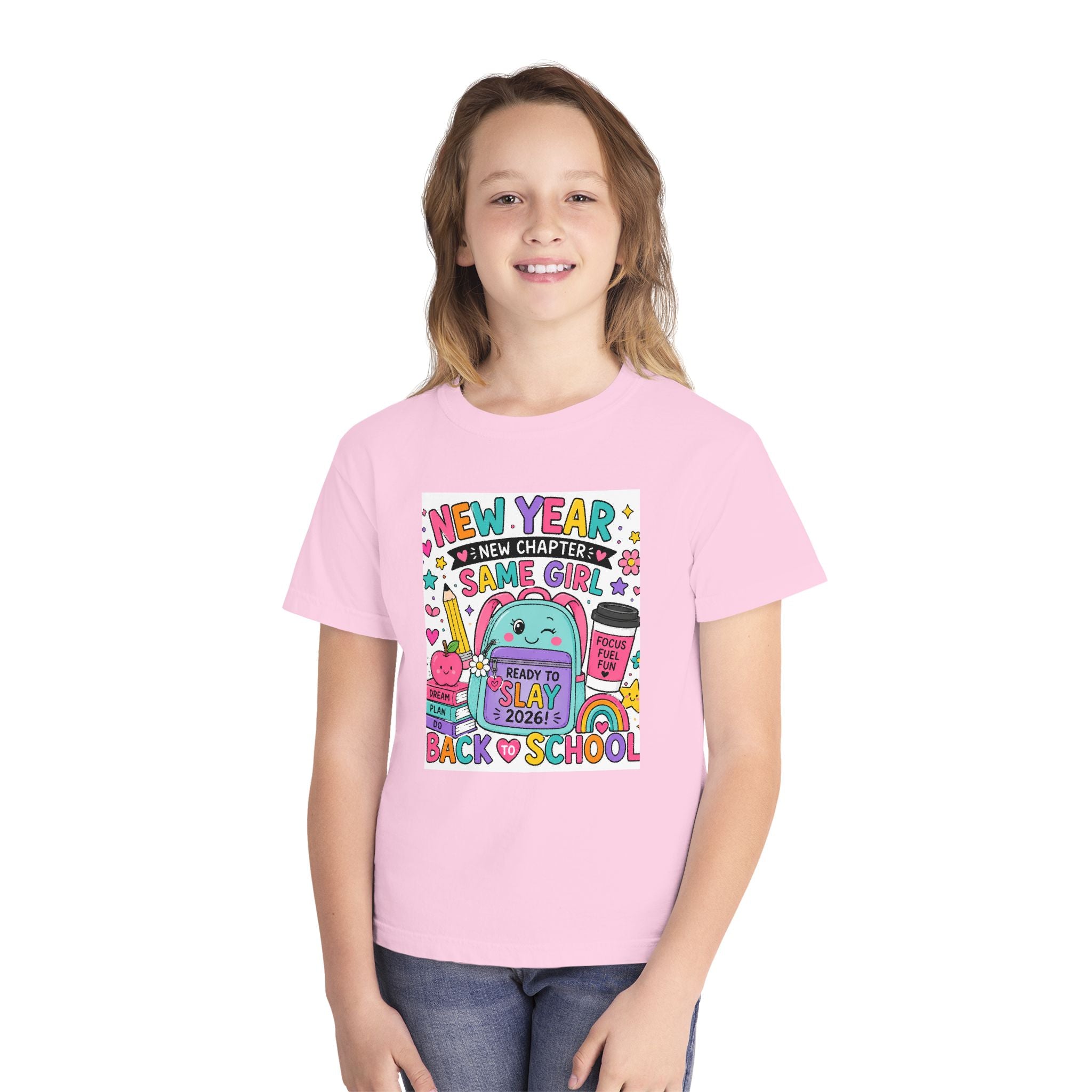 Youth Graphic Tee — "New Year, New Chapter, Same Girl" Back-to-School Cute Rainbow Design