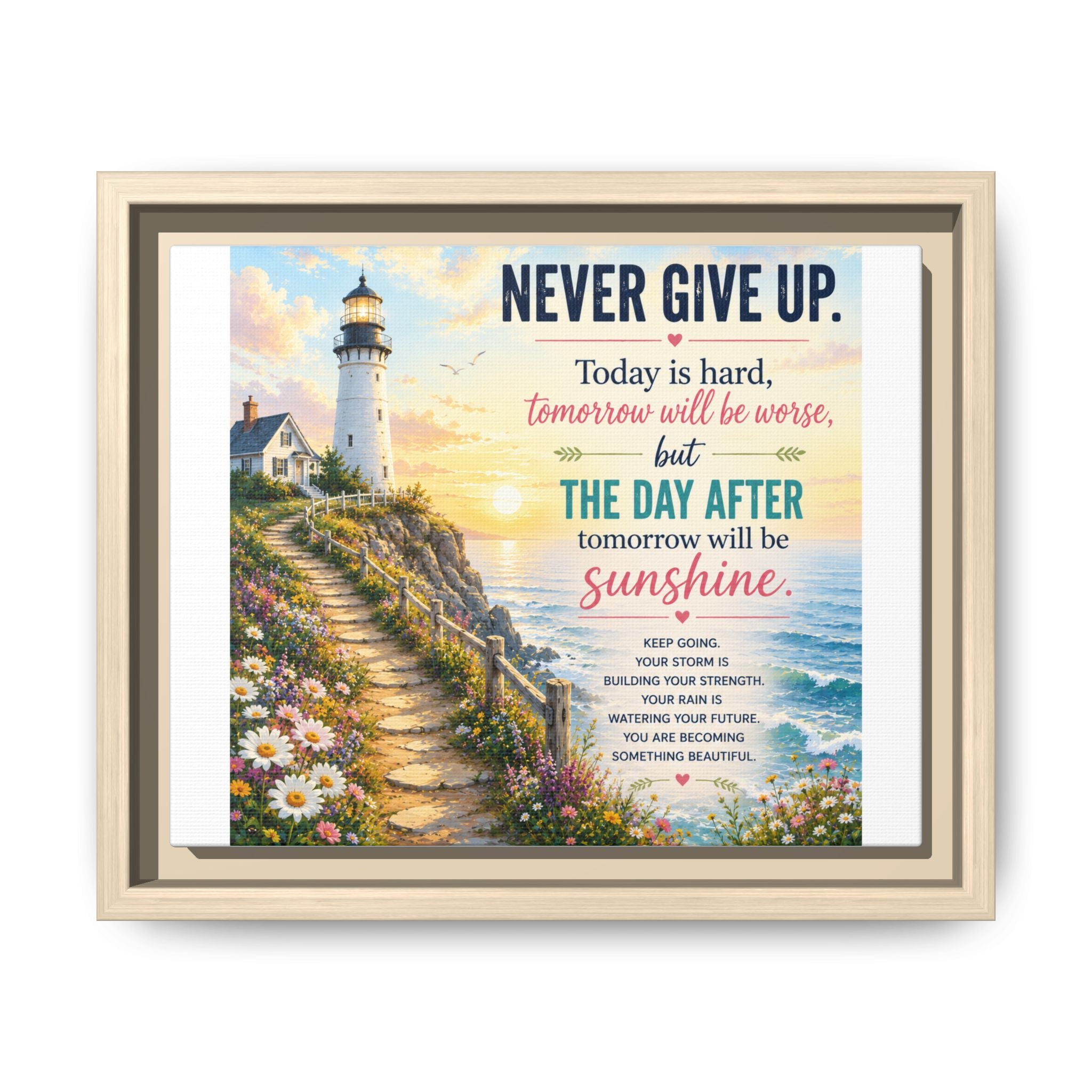 Never Give Up Lighthouse Framed Canvas - Inspirational Wall Art