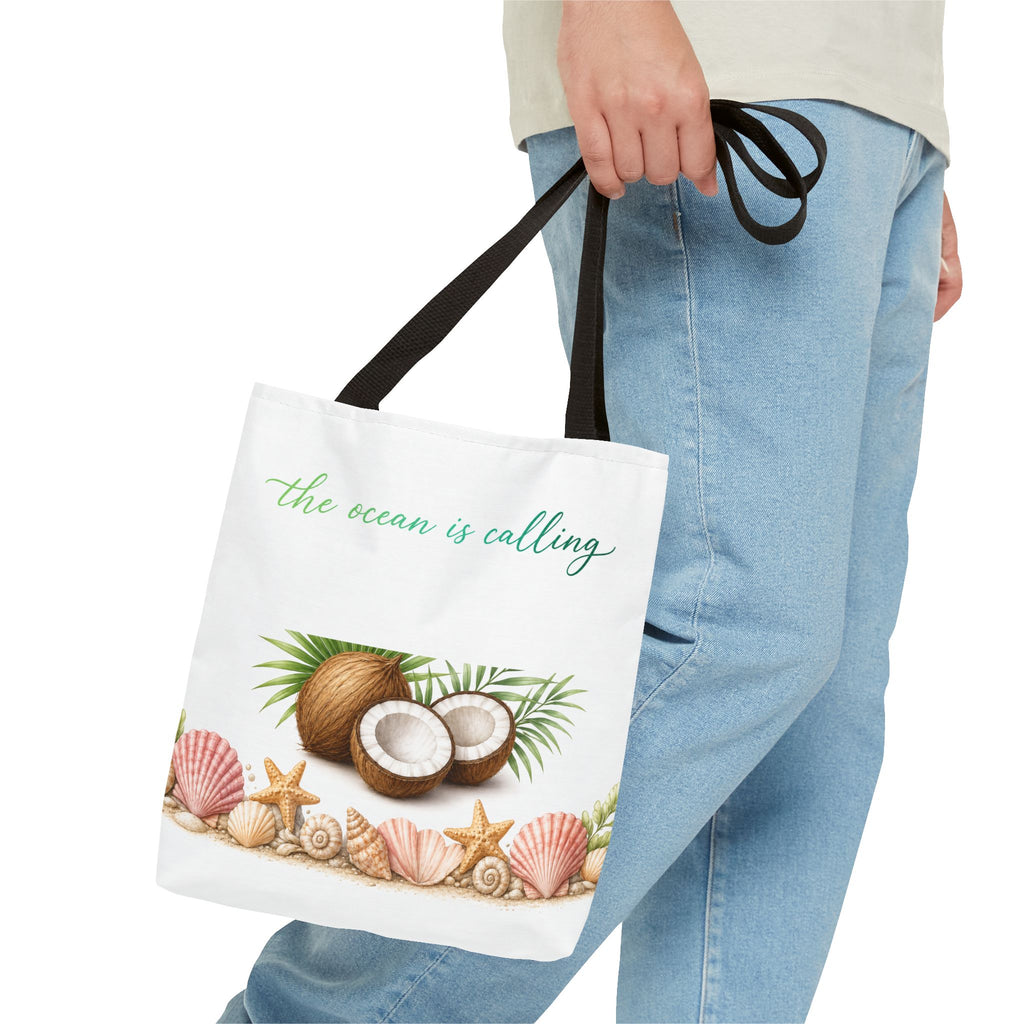 Beach Vibes Coconut Tote — “The Ocean Is Calling” All-Over Print
