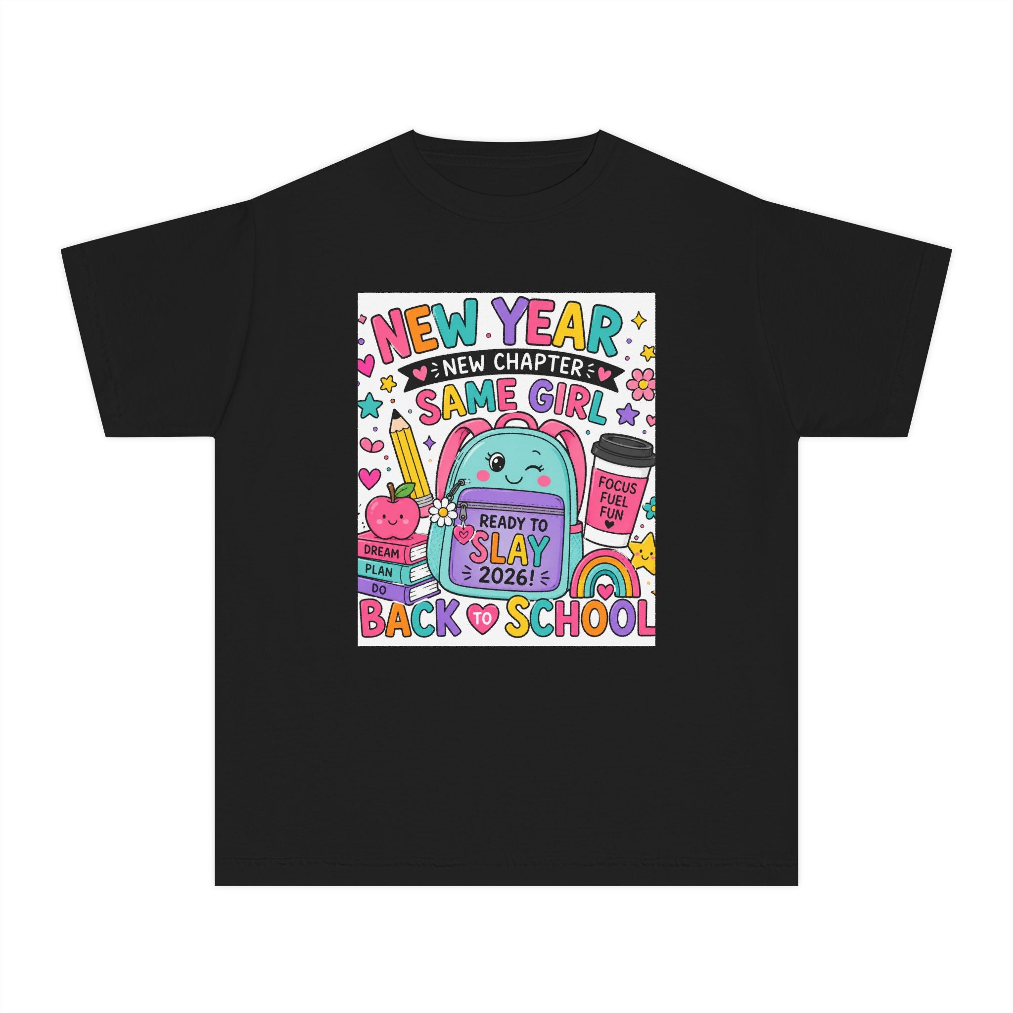Youth Graphic Tee — "New Year, New Chapter, Same Girl" Back-to-School Cute Rainbow Design