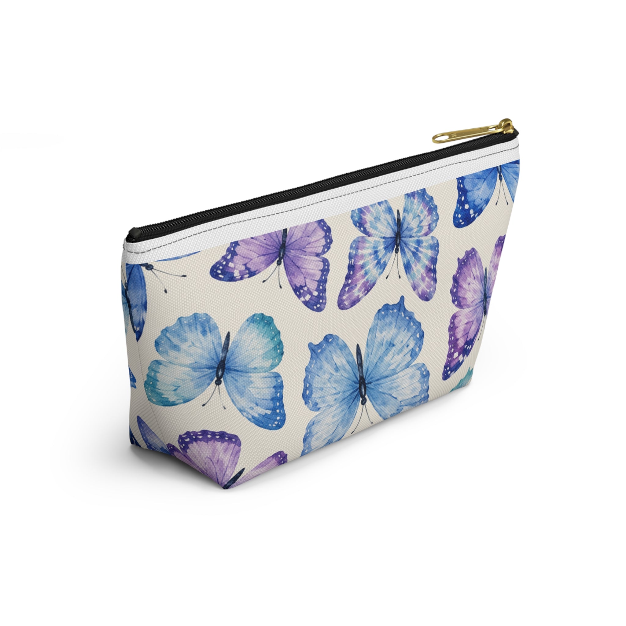 Blue & Purple Butterfly Accessory Pouch — Floral Makeup Bag with T-Bottom