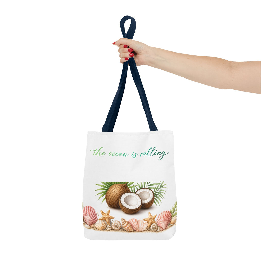 Beach Vibes Coconut Tote — “The Ocean Is Calling” All-Over Print