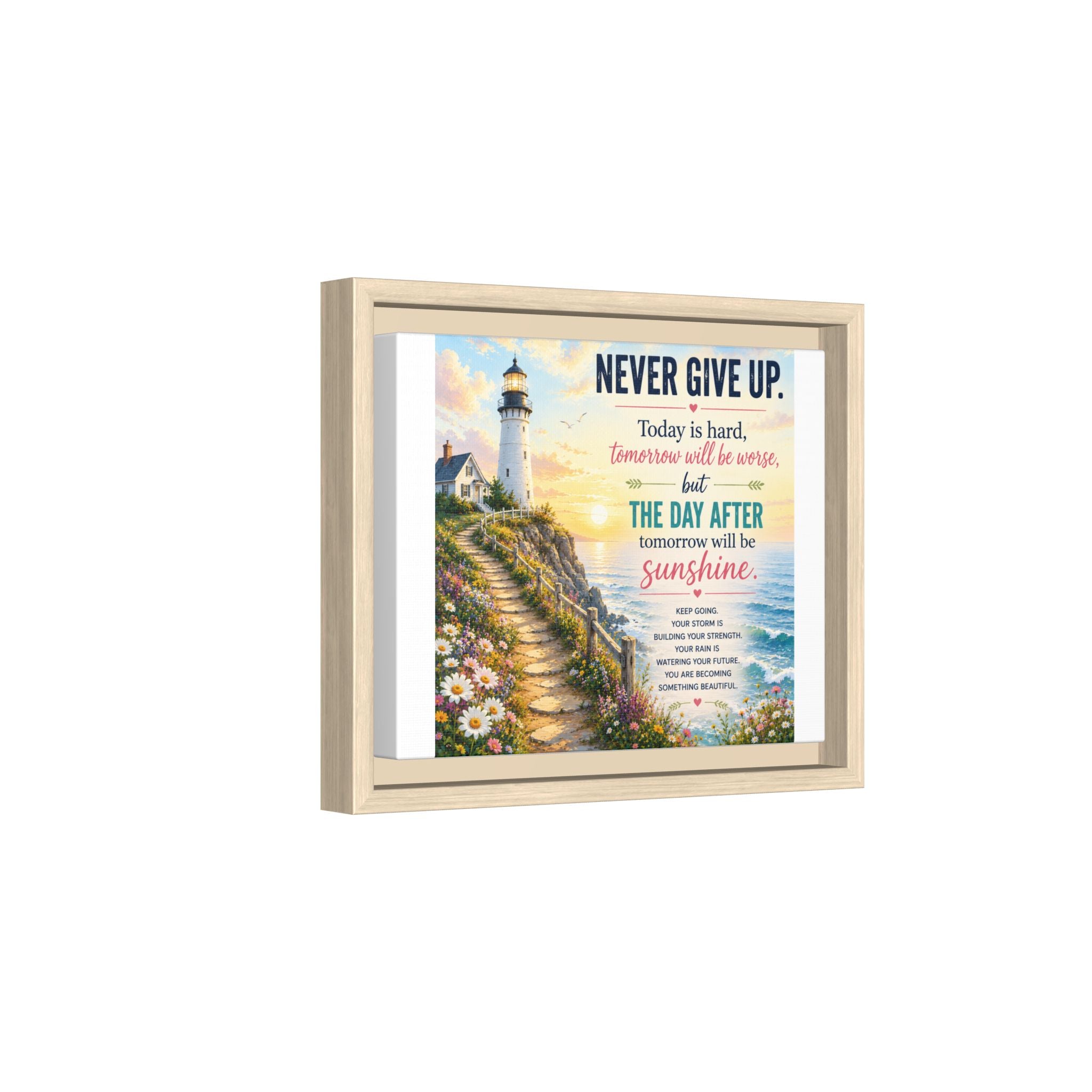 Never Give Up Lighthouse Framed Canvas - Inspirational Wall Art
