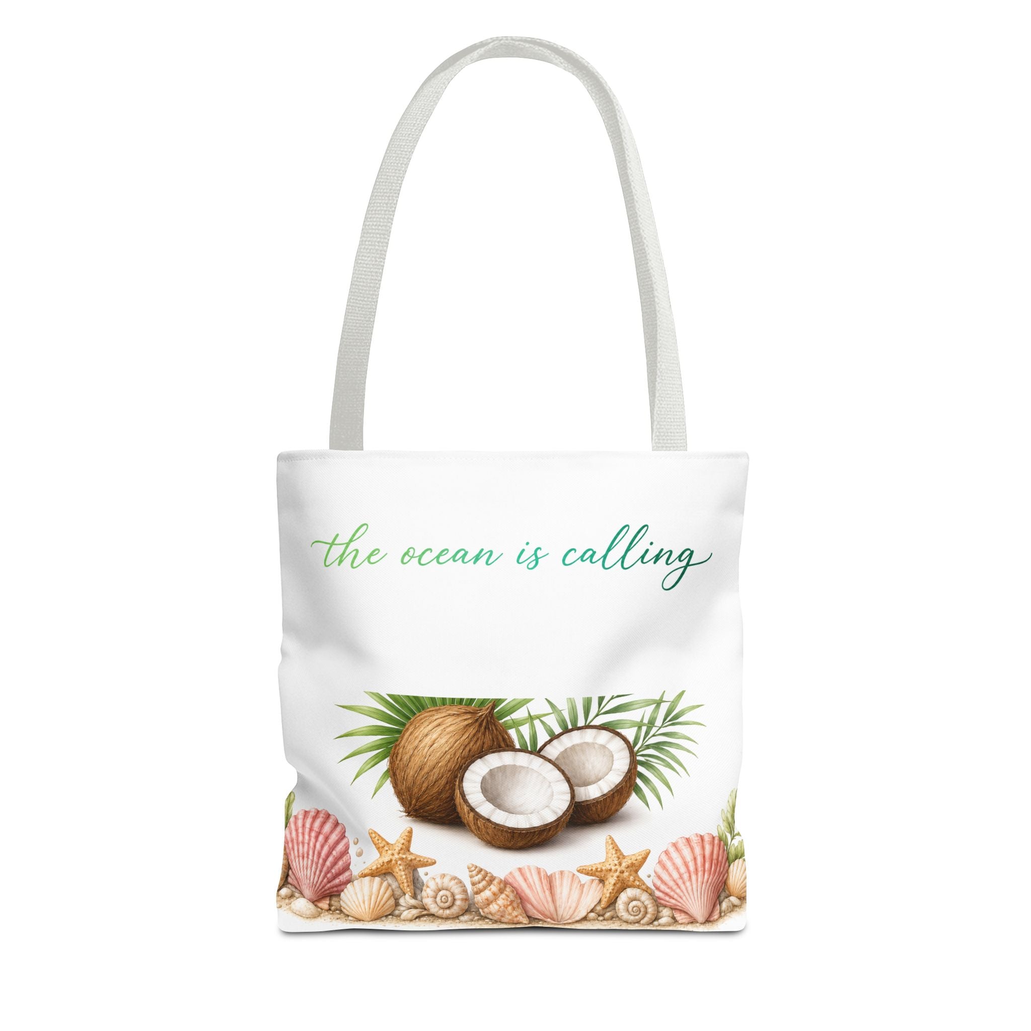 Beach Vibes Coconut Tote — “The Ocean Is Calling” All-Over Print