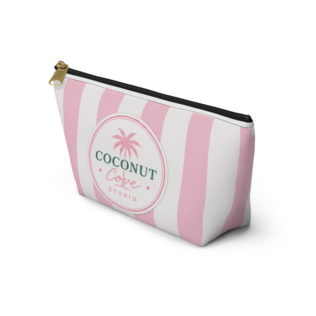 Coconut Cove Striped Accessory Pouch — Pink T‑Bottom Makeup Bag