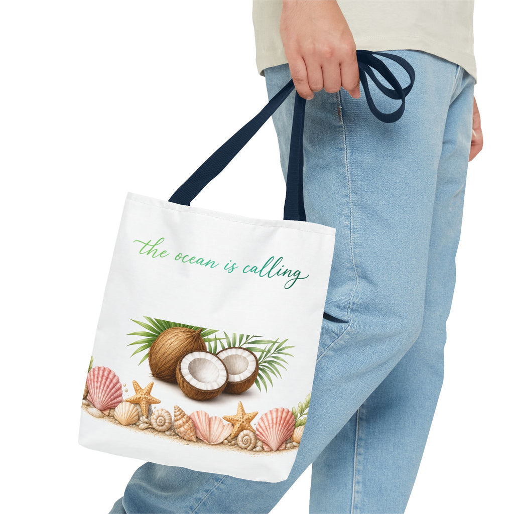 Beach Vibes Coconut Tote — “The Ocean Is Calling” All-Over Print