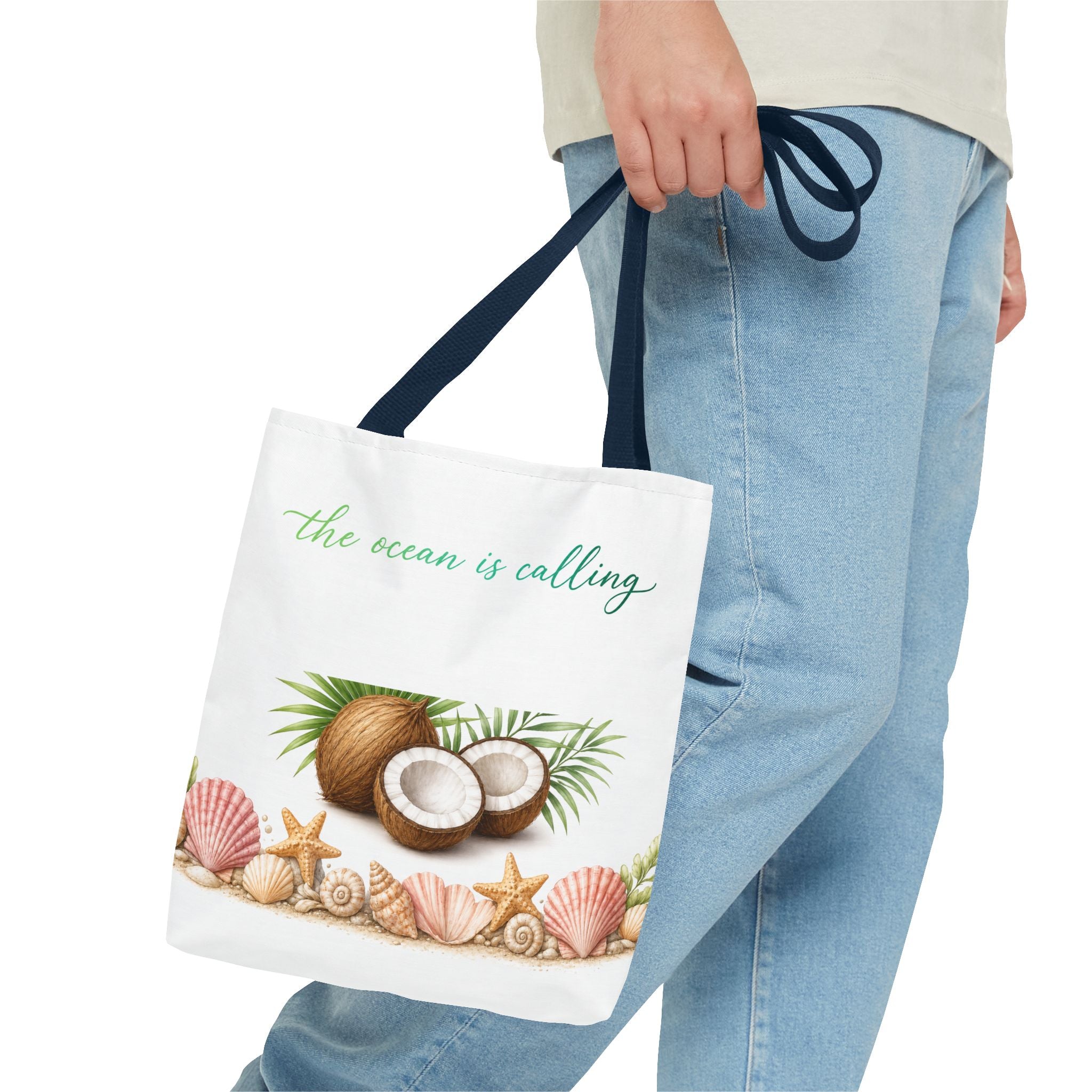 Beach Vibes Coconut Tote — “The Ocean Is Calling” All-Over Print