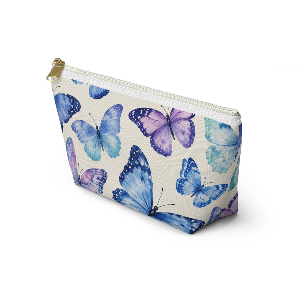 Blue & Purple Butterfly Accessory Pouch — Floral Makeup Bag with T-Bottom