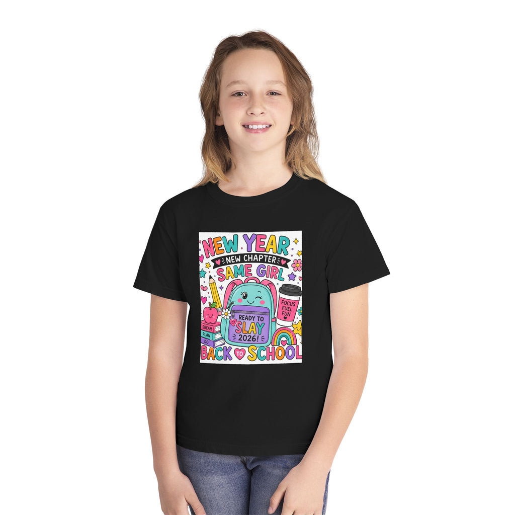 Youth Graphic Tee — "New Year, New Chapter, Same Girl" Back-to-School Cute Rainbow Design