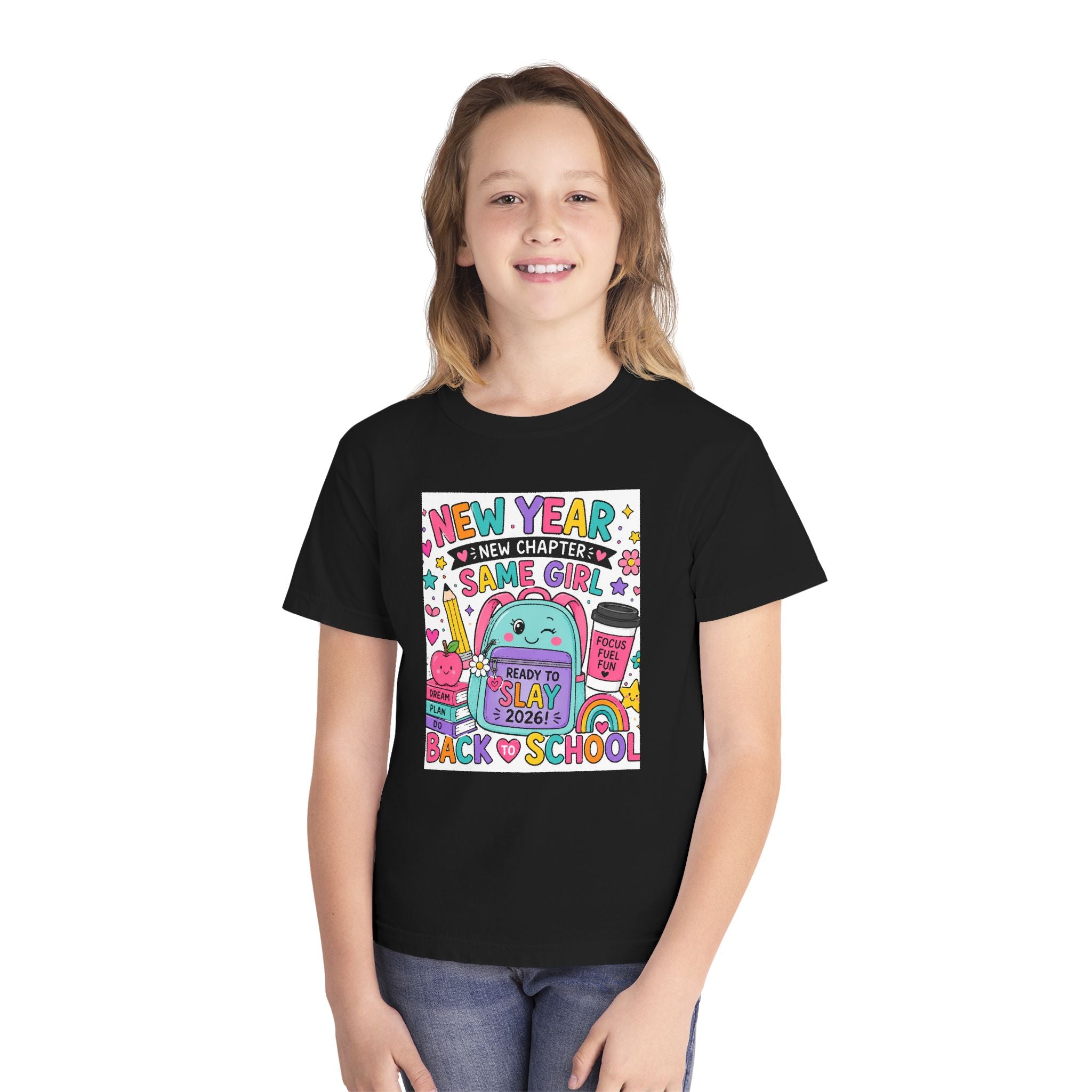 Youth Graphic Tee — "New Year, New Chapter, Same Girl" Back-to-School Cute Rainbow Design