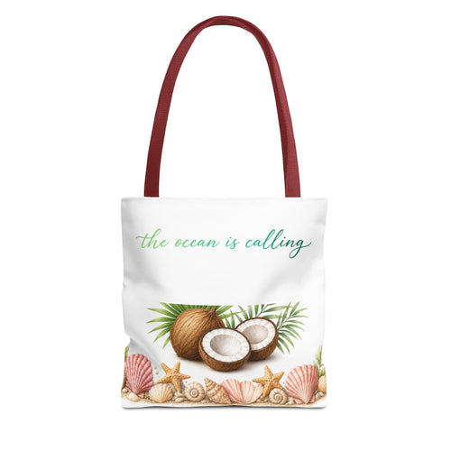 Beach Vibes Coconut Tote — “The Ocean Is Calling” All-Over Print