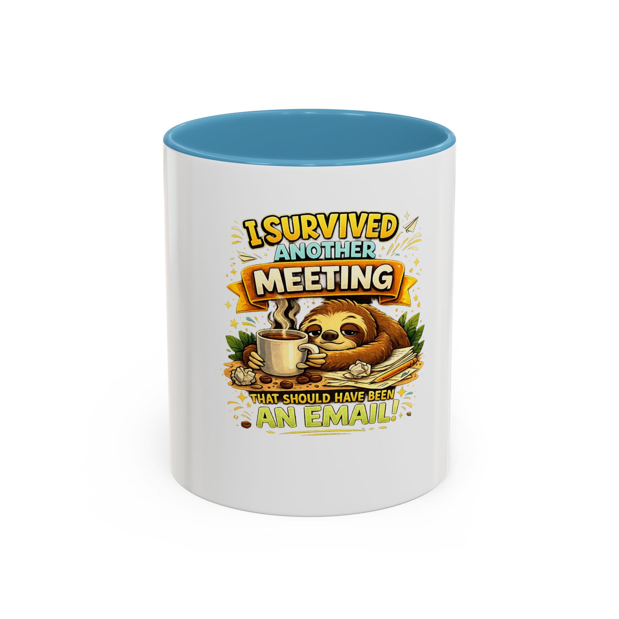I Survived Another Meeting Coffee Mug — Funny Sloth Work Humor Mug (11/15oz)