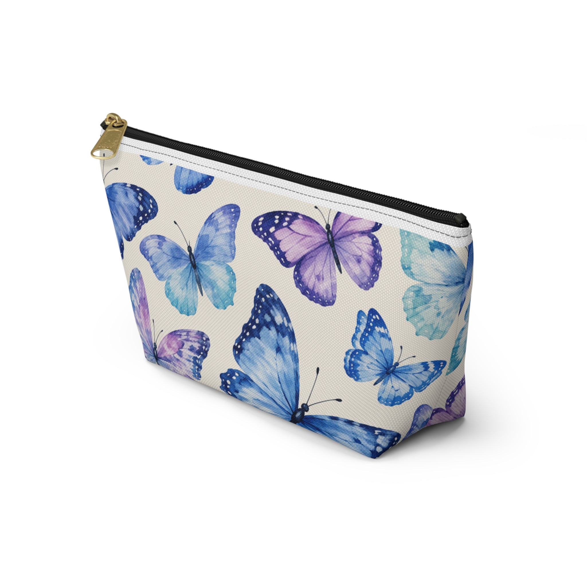 Blue & Purple Butterfly Accessory Pouch — Floral Makeup Bag with T-Bottom