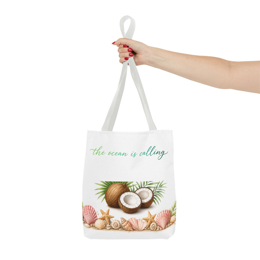 Beach Vibes Coconut Tote — “The Ocean Is Calling” All-Over Print