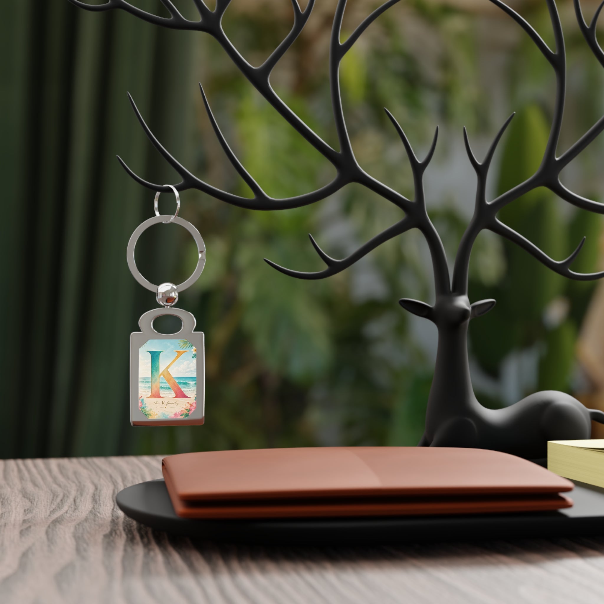 Personalized Rectangle Keyring — Tropical Monogram K