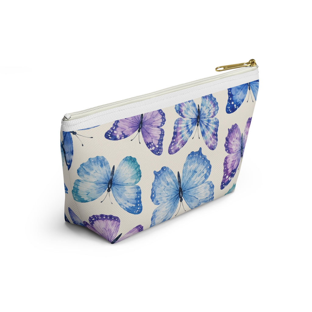 Blue & Purple Butterfly Accessory Pouch — Floral Makeup Bag with T-Bottom