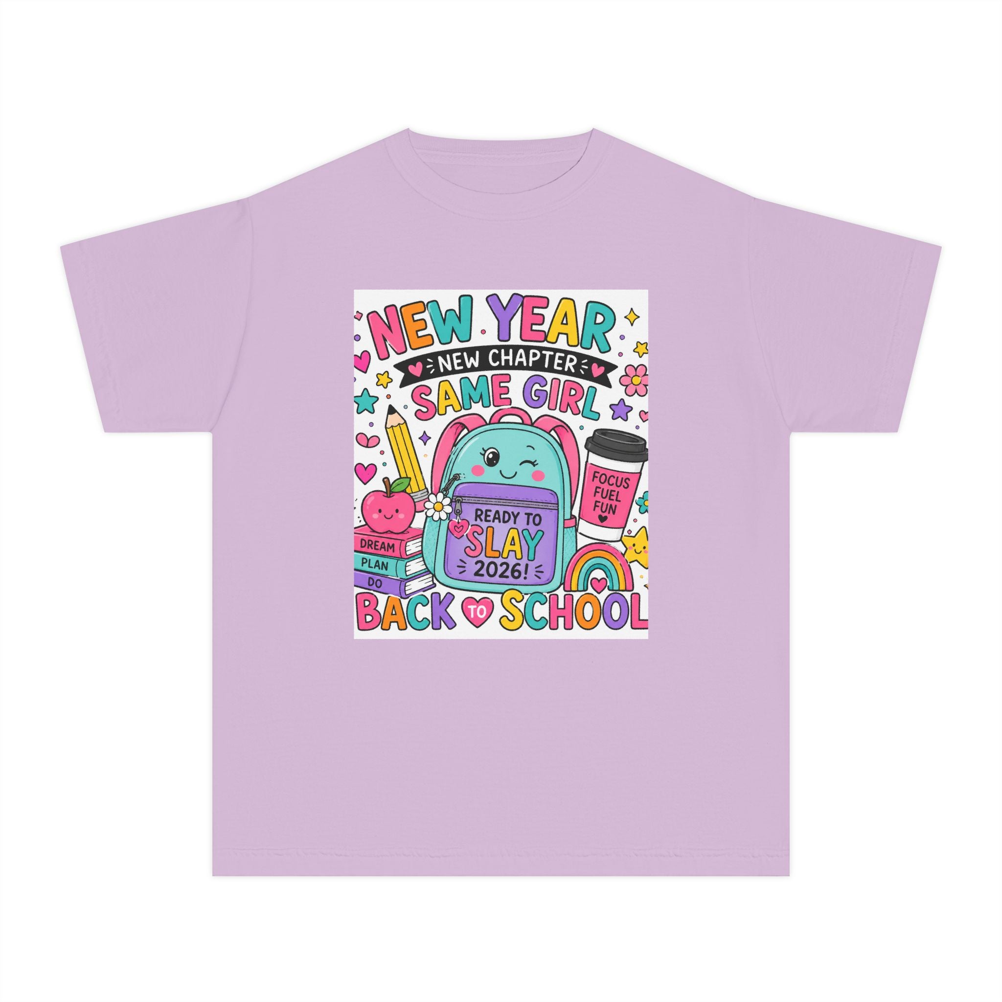 Youth Graphic Tee — "New Year, New Chapter, Same Girl" Back-to-School Cute Rainbow Design