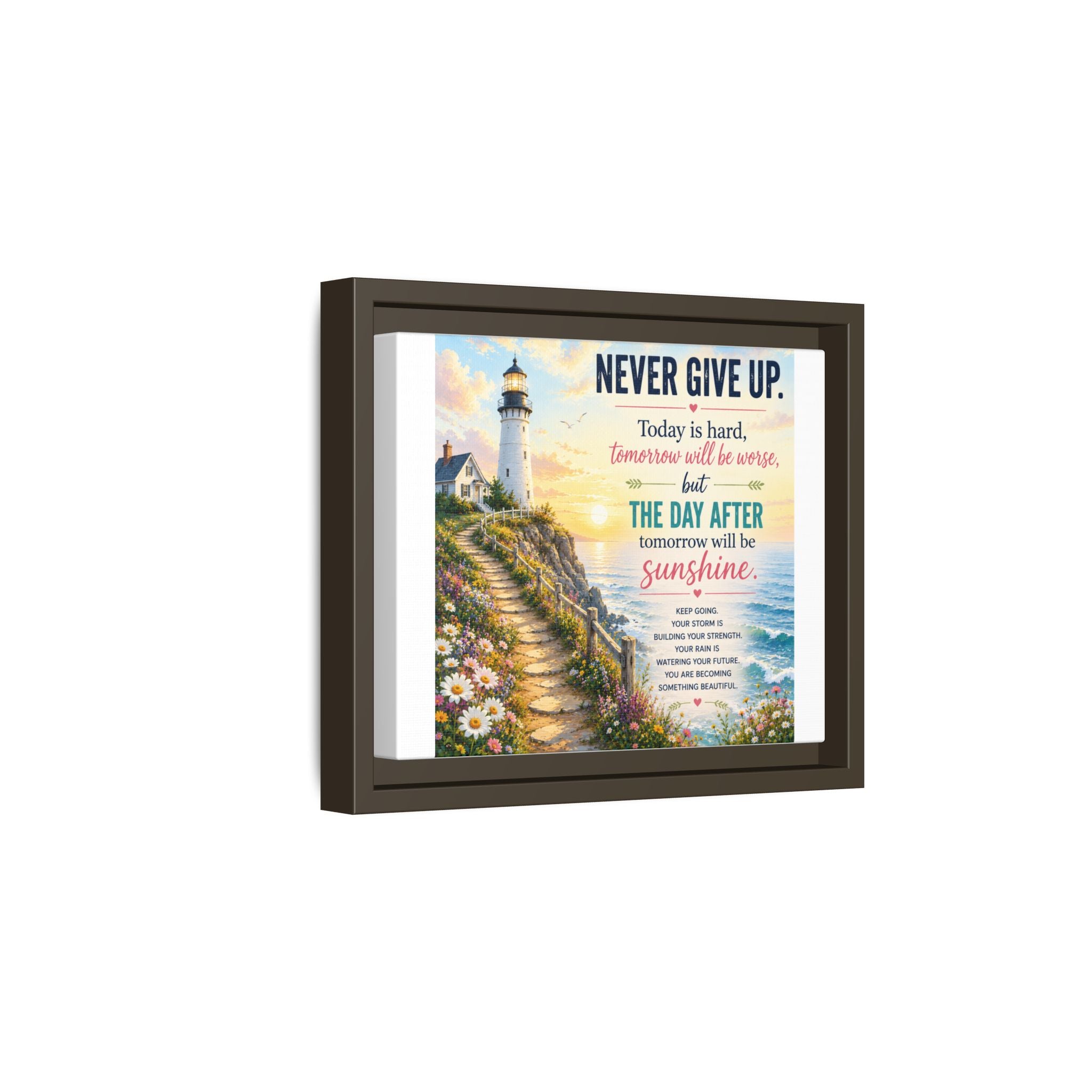 Never Give Up Lighthouse Framed Canvas - Inspirational Wall Art