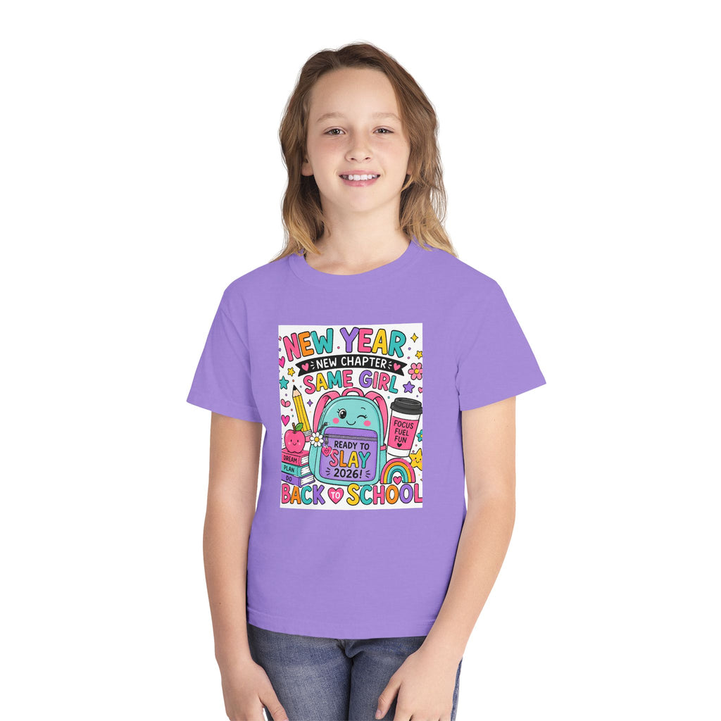 Youth Graphic Tee — "New Year, New Chapter, Same Girl" Back-to-School Cute Rainbow Design
