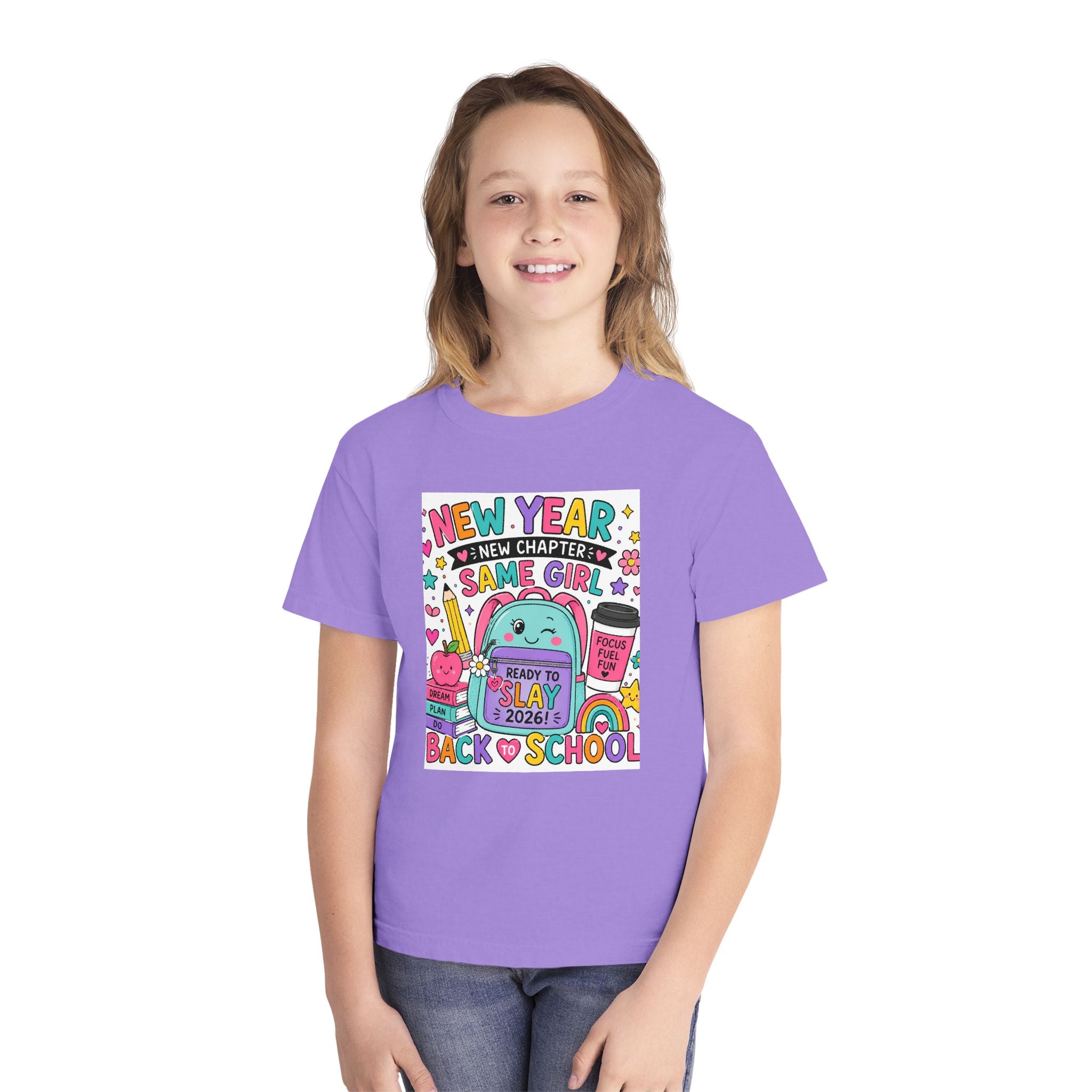 Youth Graphic Tee — "New Year, New Chapter, Same Girl" Back-to-School Cute Rainbow Design