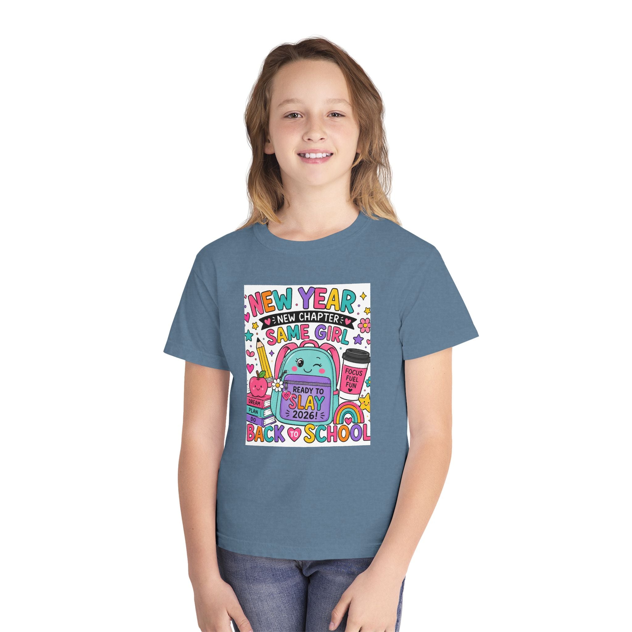 Youth Graphic Tee — "New Year, New Chapter, Same Girl" Back-to-School Cute Rainbow Design