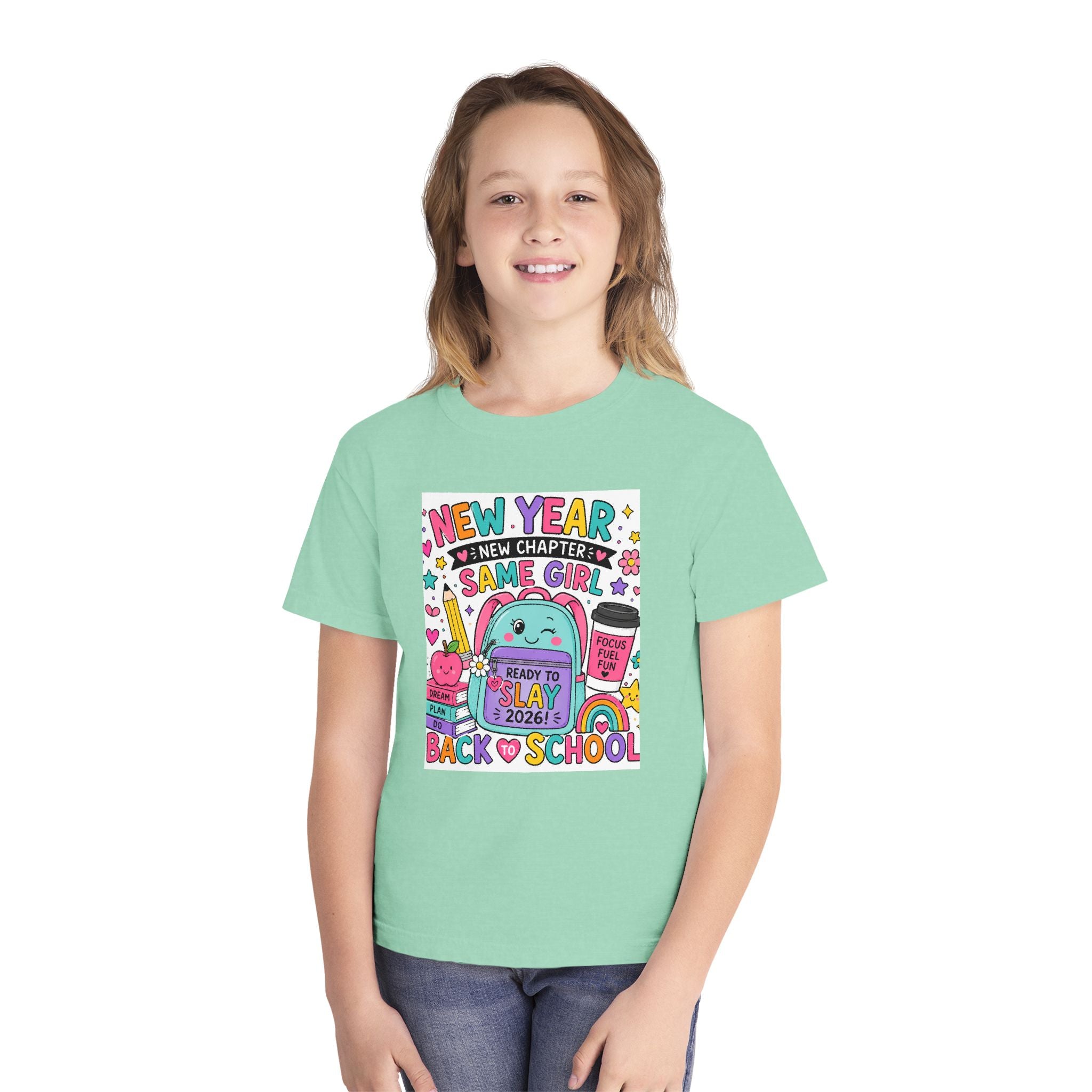 Youth Graphic Tee — "New Year, New Chapter, Same Girl" Back-to-School Cute Rainbow Design