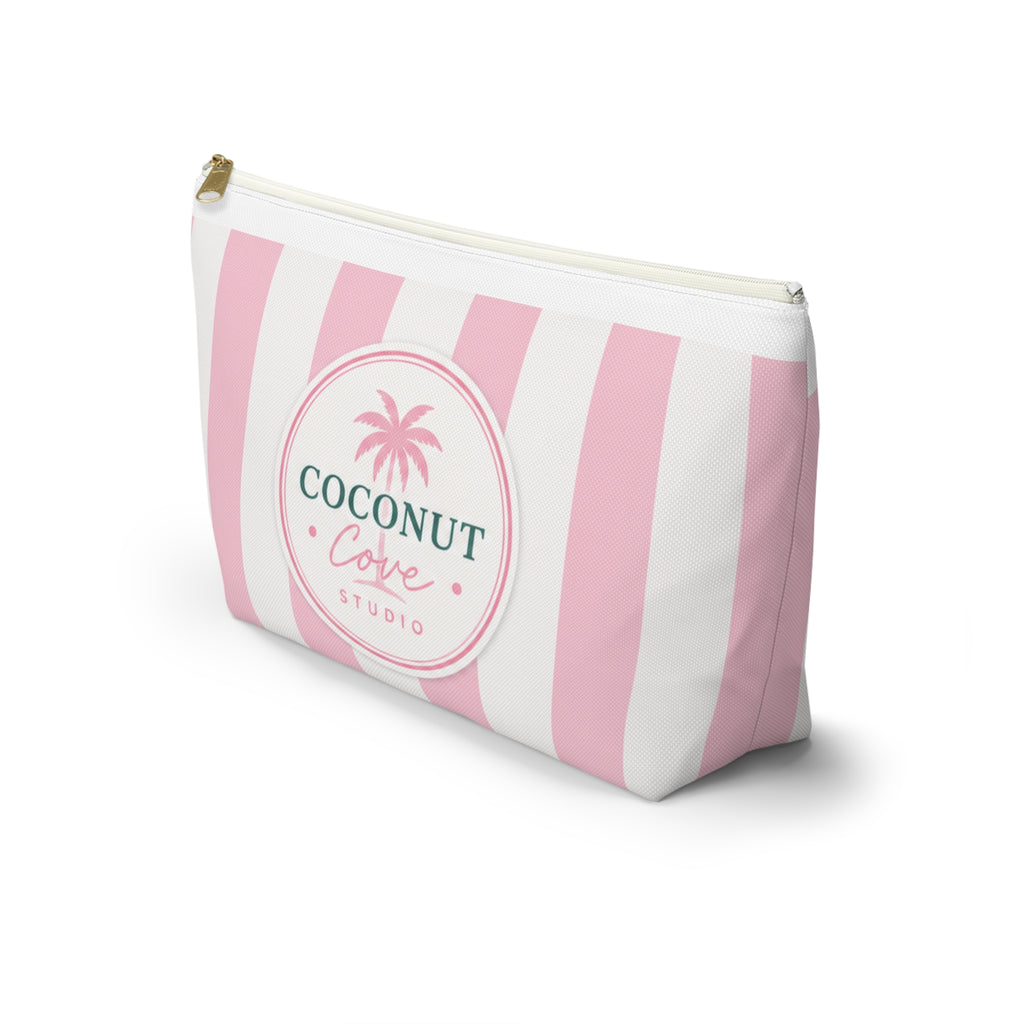 Coconut Cove Striped Accessory Pouch — Pink T‑Bottom Makeup Bag