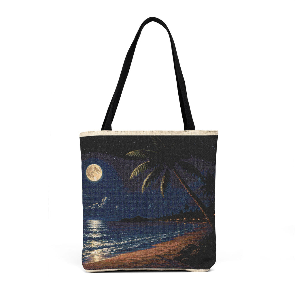 Moonlit Beach Tote Bag — Woven Coastal Sunset Palm Print