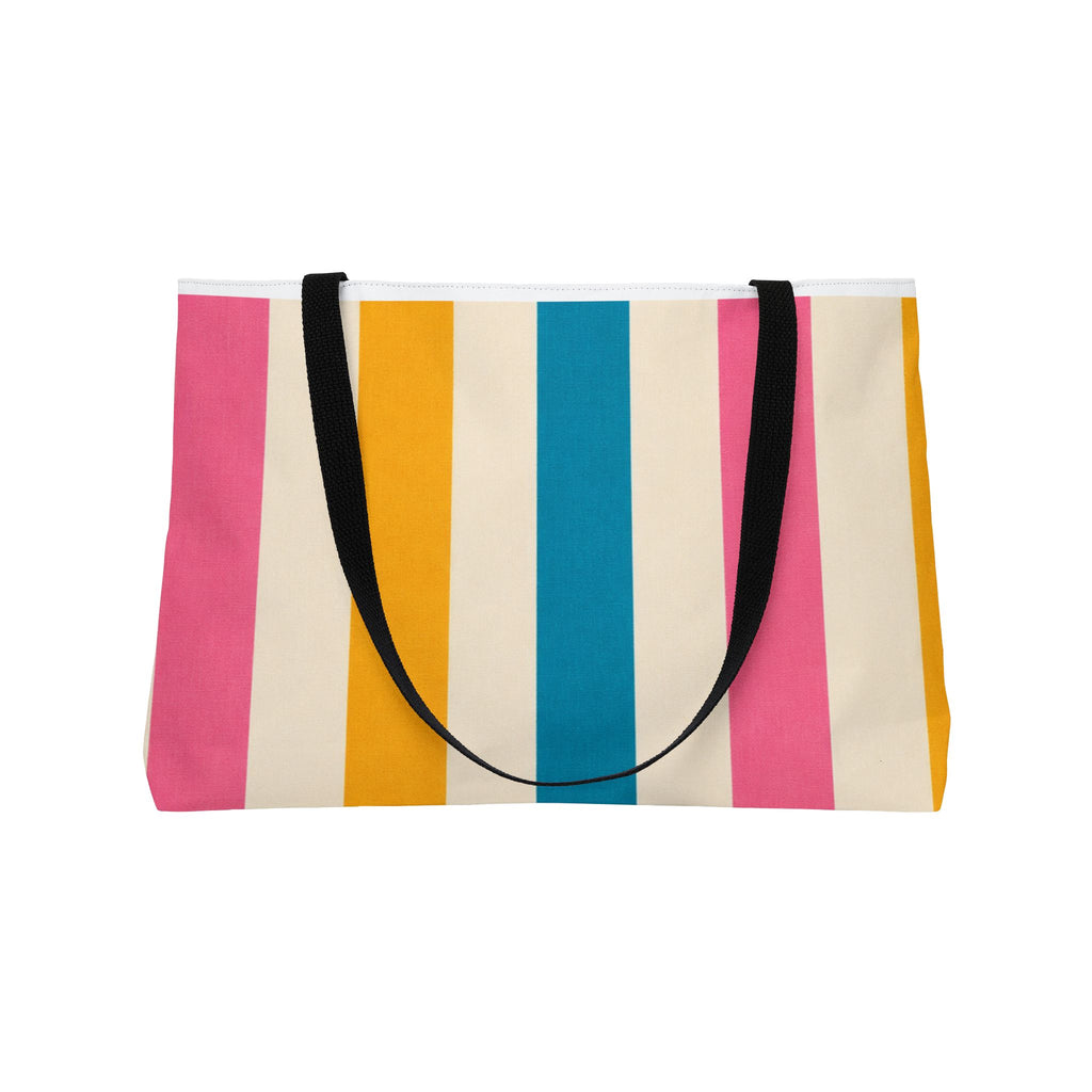 Striped Weekender Tote Bag — Retro Pink, Teal & Mustard Travel Beach Bag