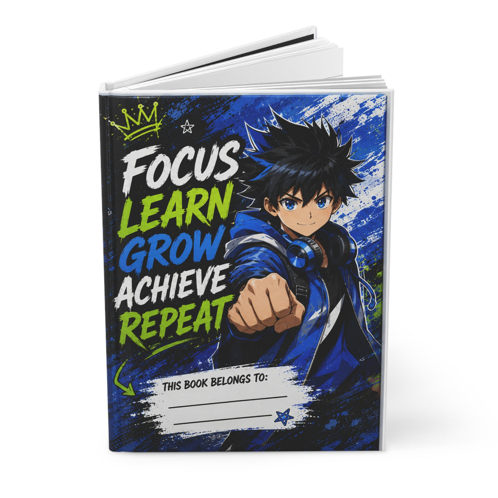 Motivational Anime Hardcover Journal — "Focus Learn Grow Achieve Repeat"