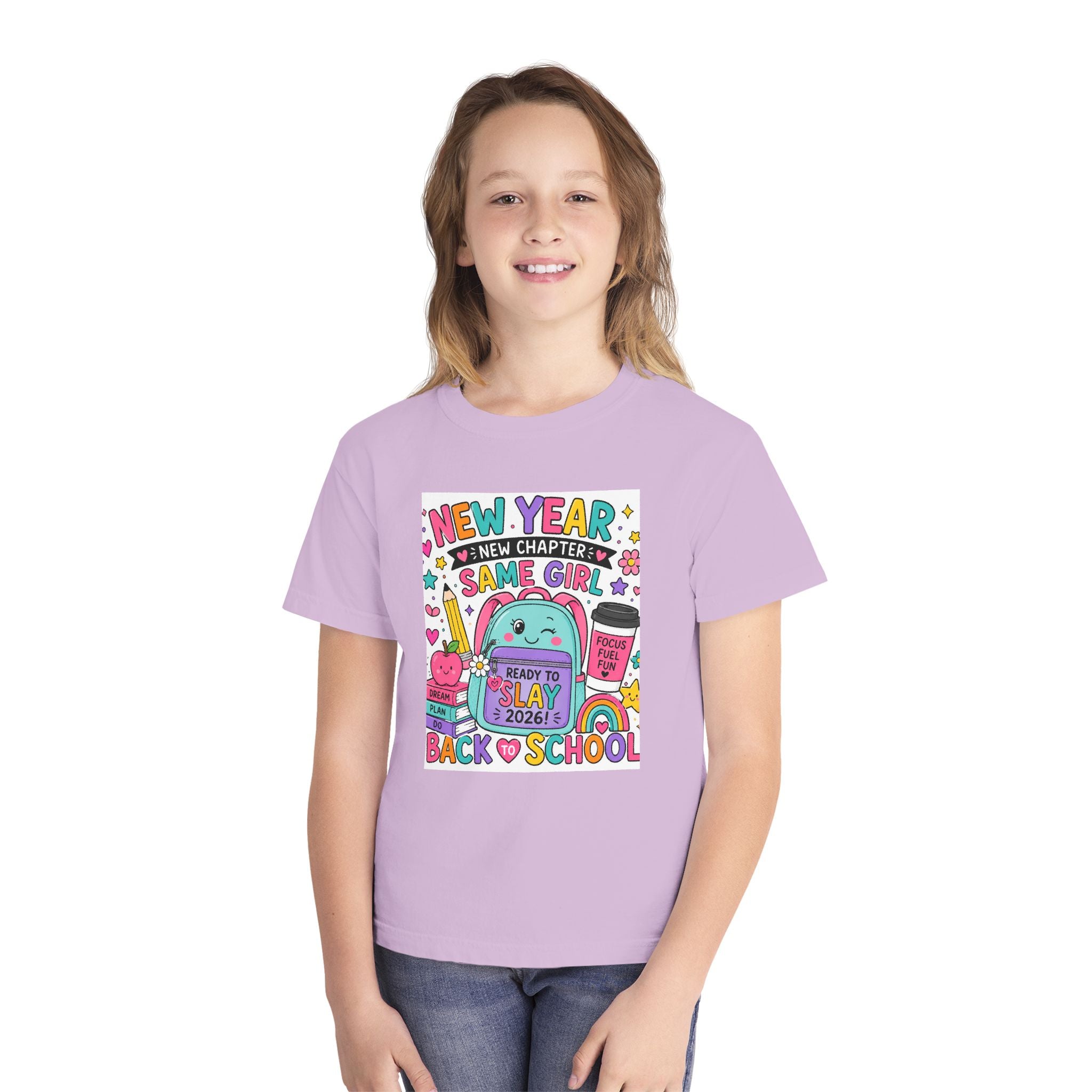 Youth Graphic Tee — "New Year, New Chapter, Same Girl" Back-to-School Cute Rainbow Design