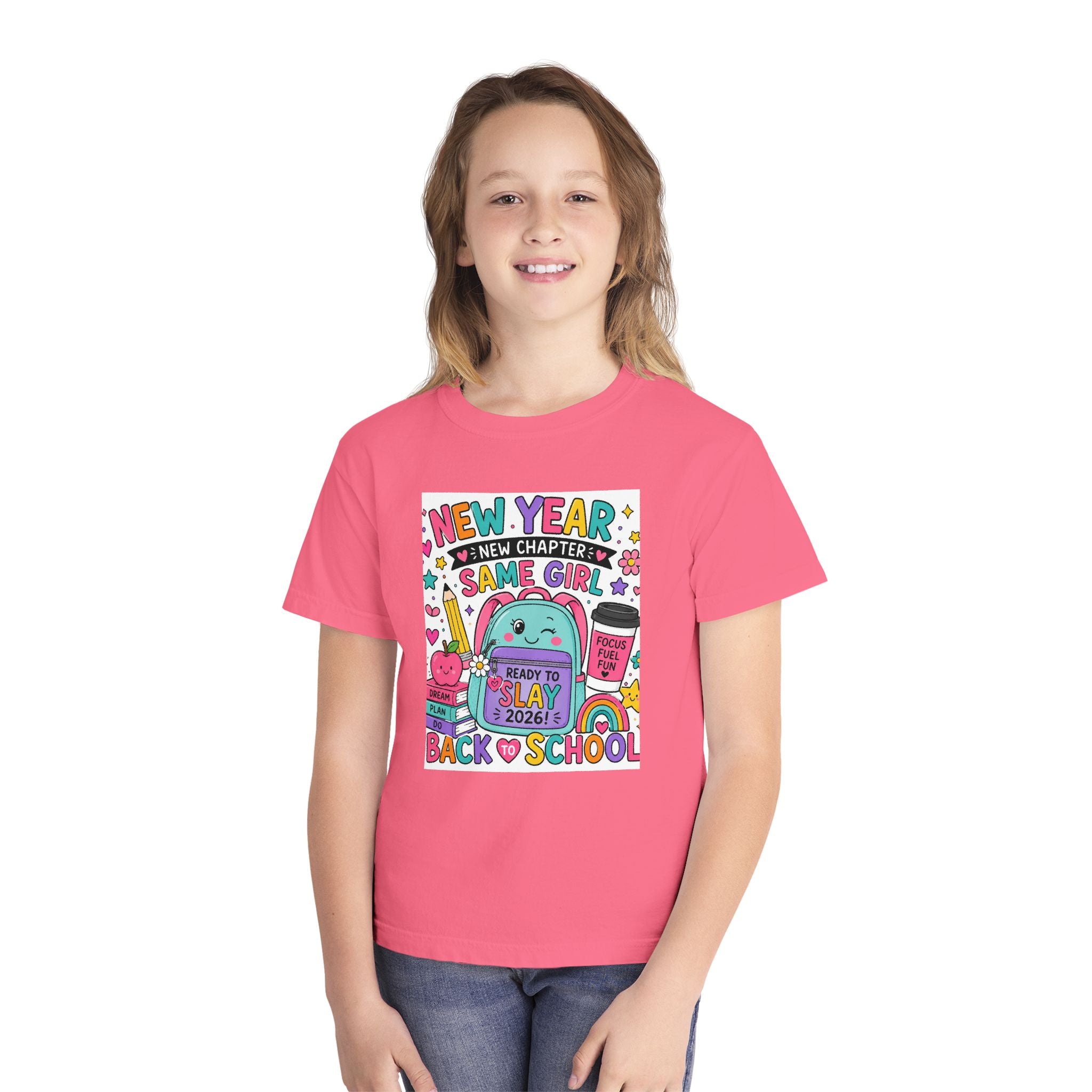 Youth Graphic Tee — "New Year, New Chapter, Same Girl" Back-to-School Cute Rainbow Design