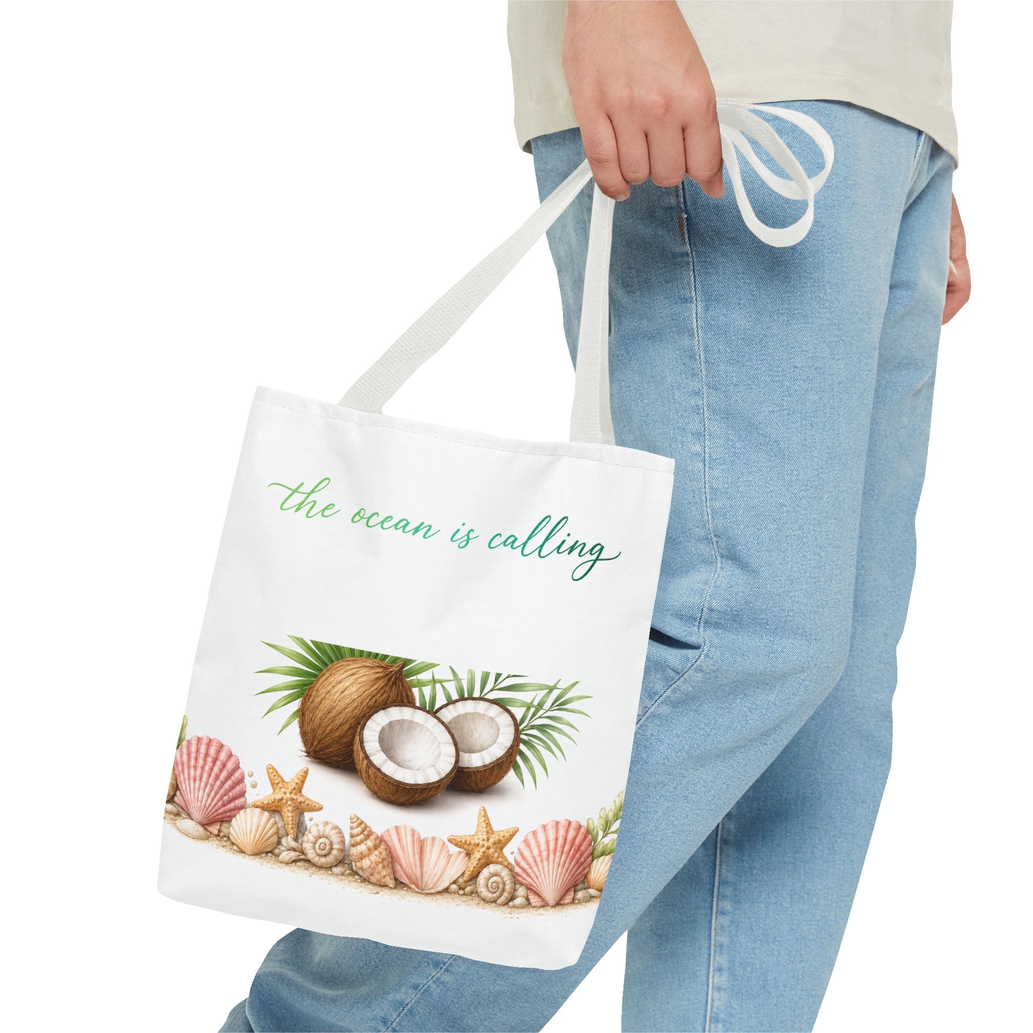 Beach Vibes Coconut Tote — “The Ocean Is Calling” All-Over Print