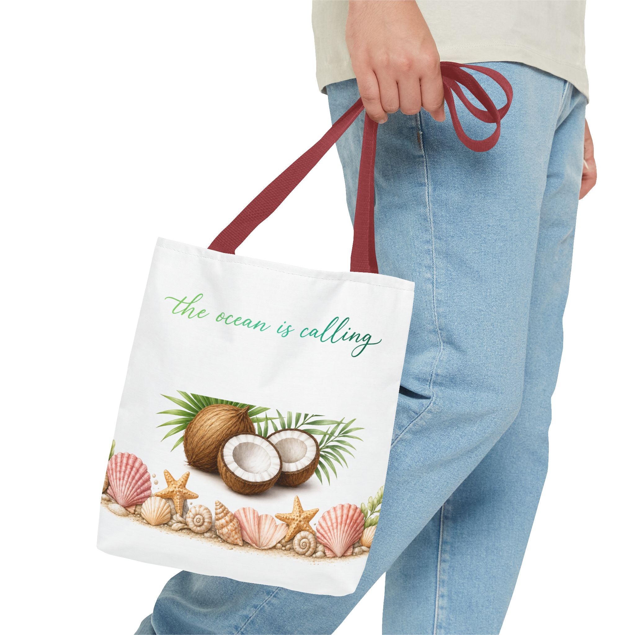 Beach Vibes Coconut Tote — “The Ocean Is Calling” All-Over Print