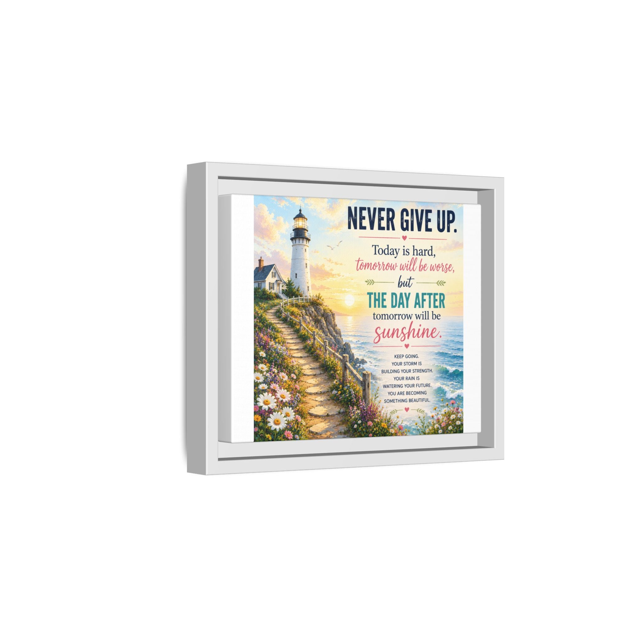 Never Give Up Lighthouse Framed Canvas - Inspirational Wall Art