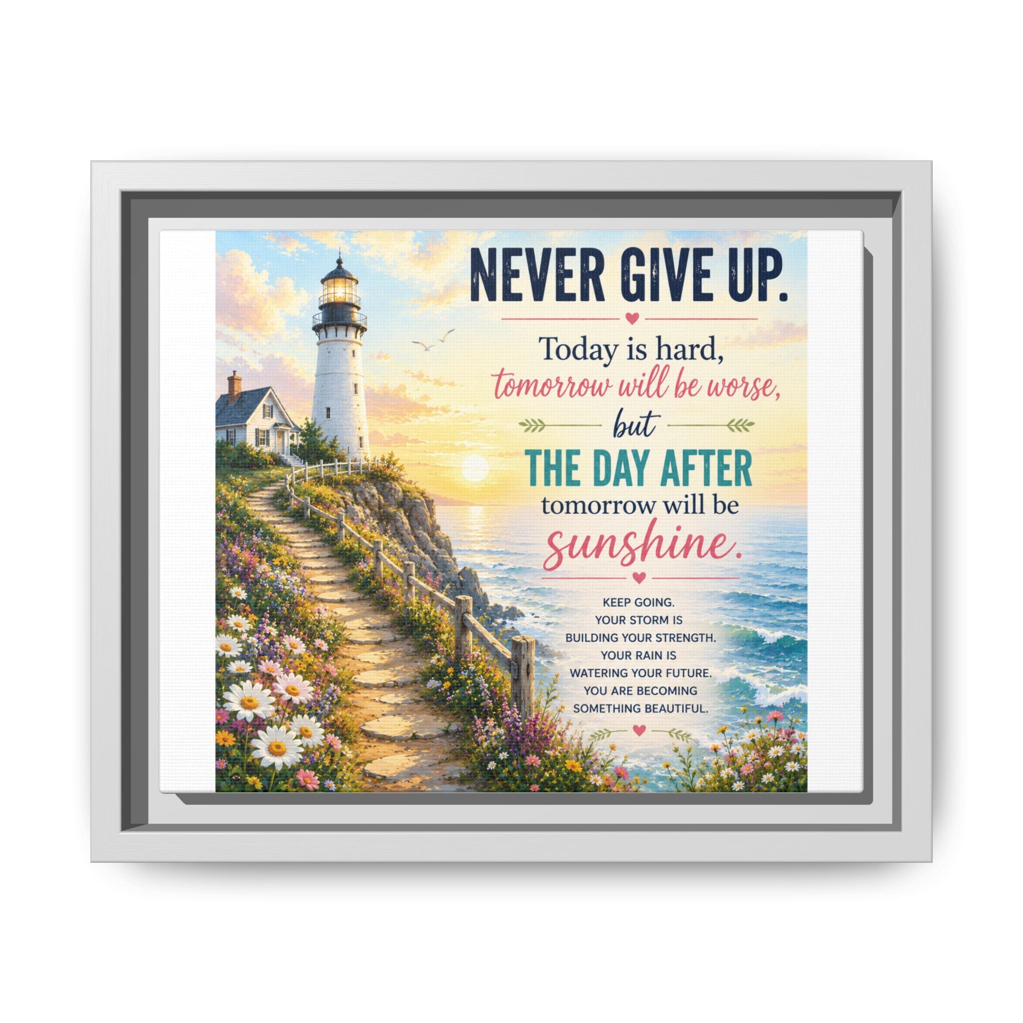 Never Give Up Lighthouse Framed Canvas - Inspirational Wall Art
