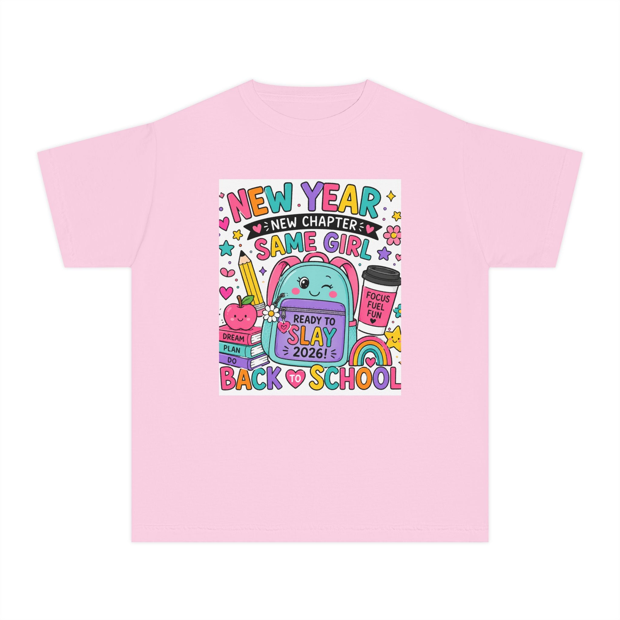 Youth Graphic Tee — "New Year, New Chapter, Same Girl" Back-to-School Cute Rainbow Design