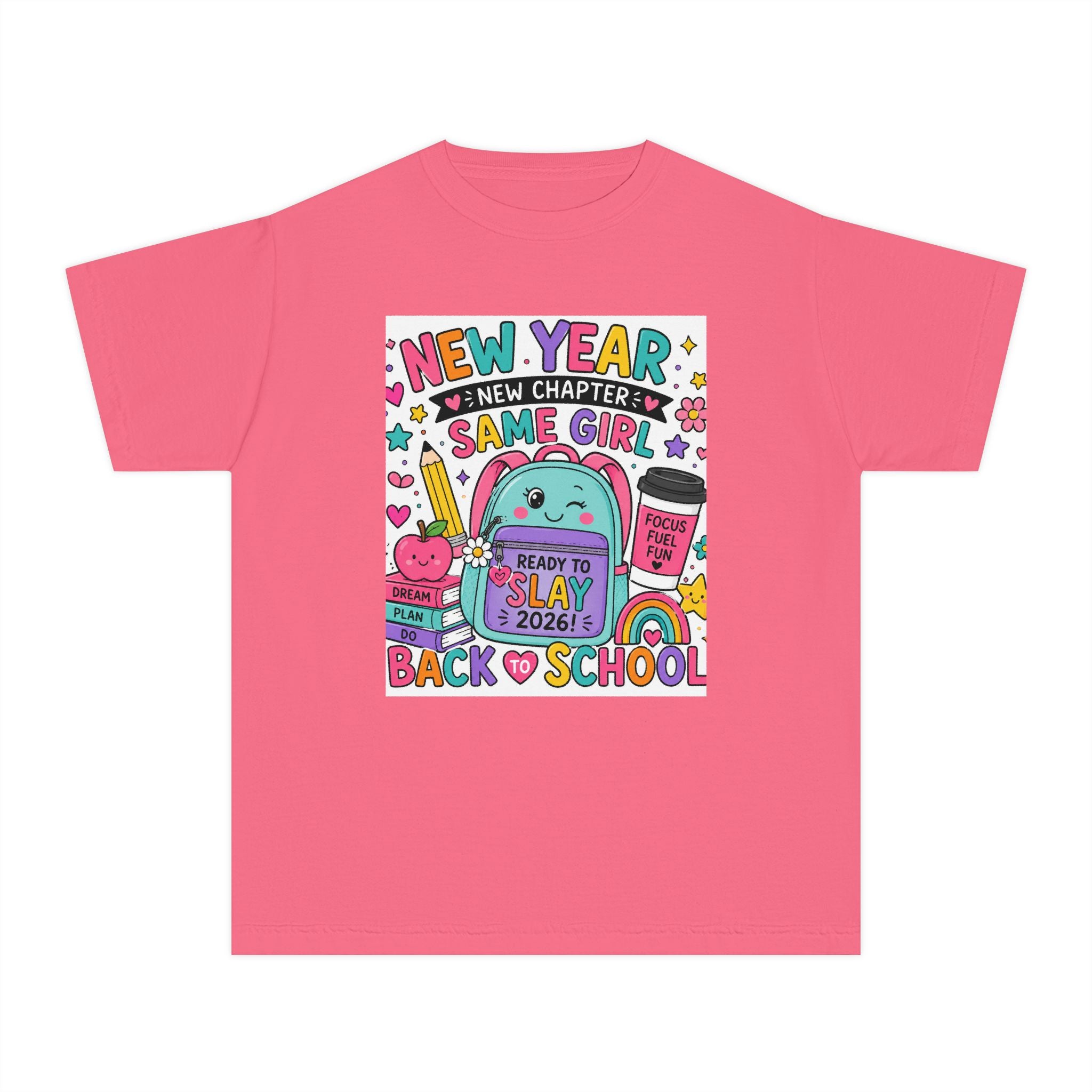 Youth Graphic Tee — "New Year, New Chapter, Same Girl" Back-to-School Cute Rainbow Design