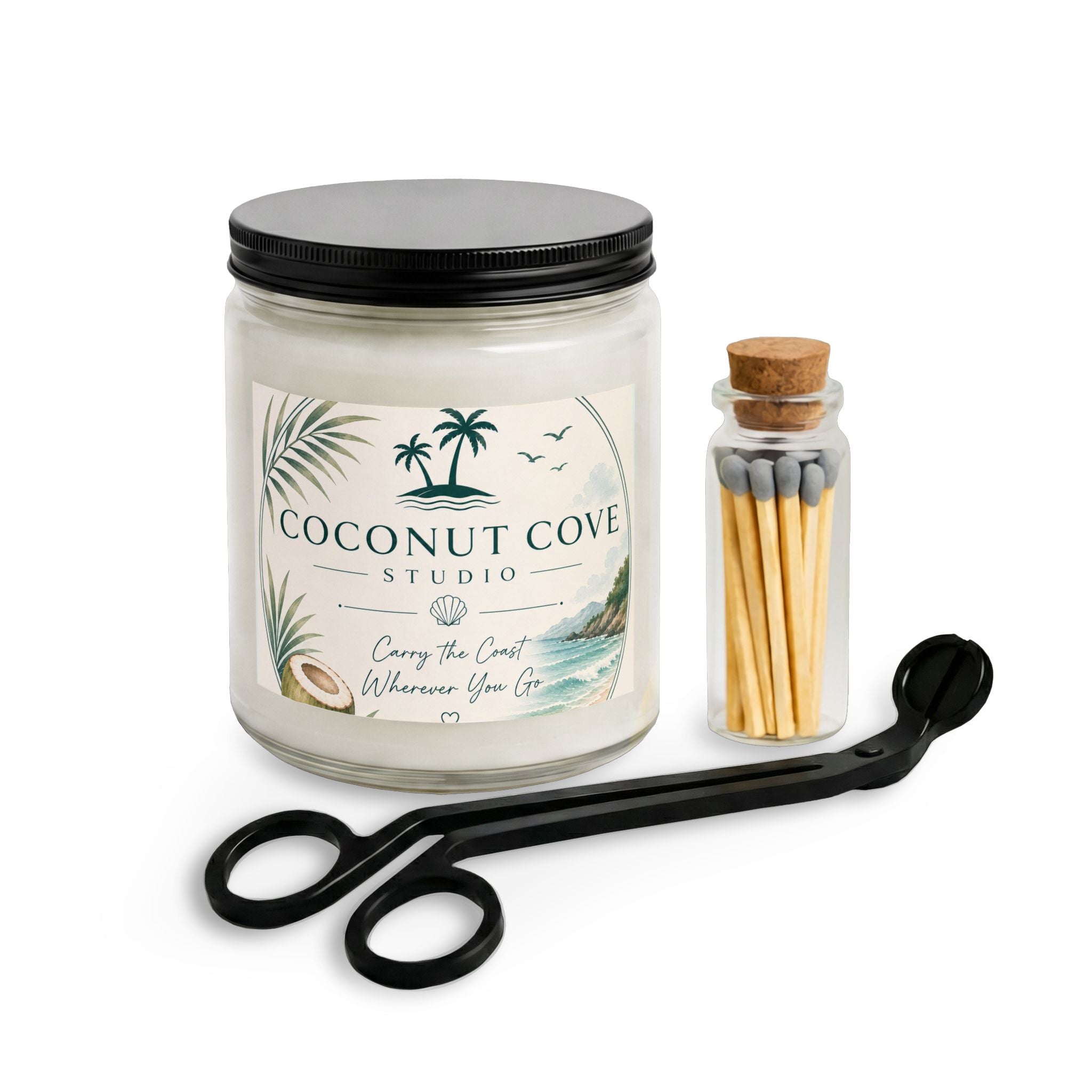 Coconut Cove Scented Candle Set with Matches & Wick Trimmer
