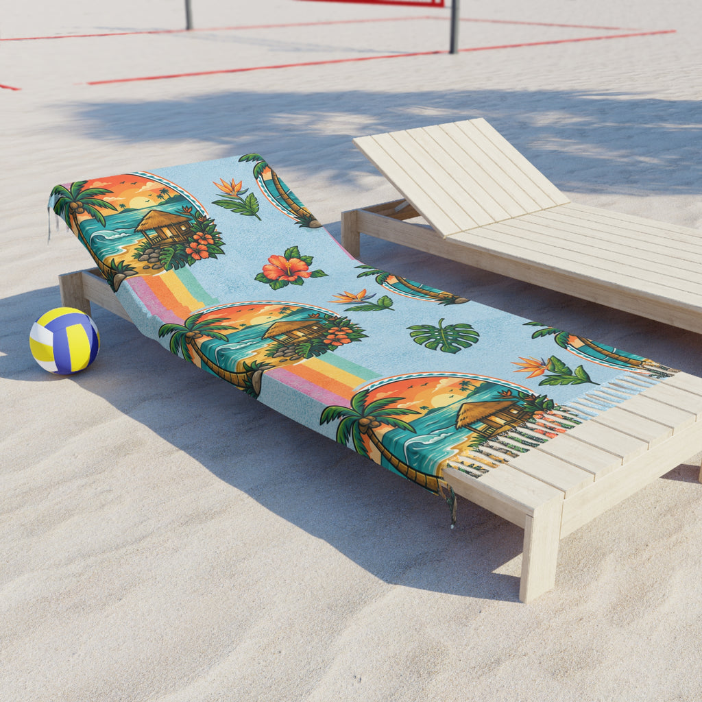 Boho Beach Towel — Tropical Sunset Palm & Hibiscus Print