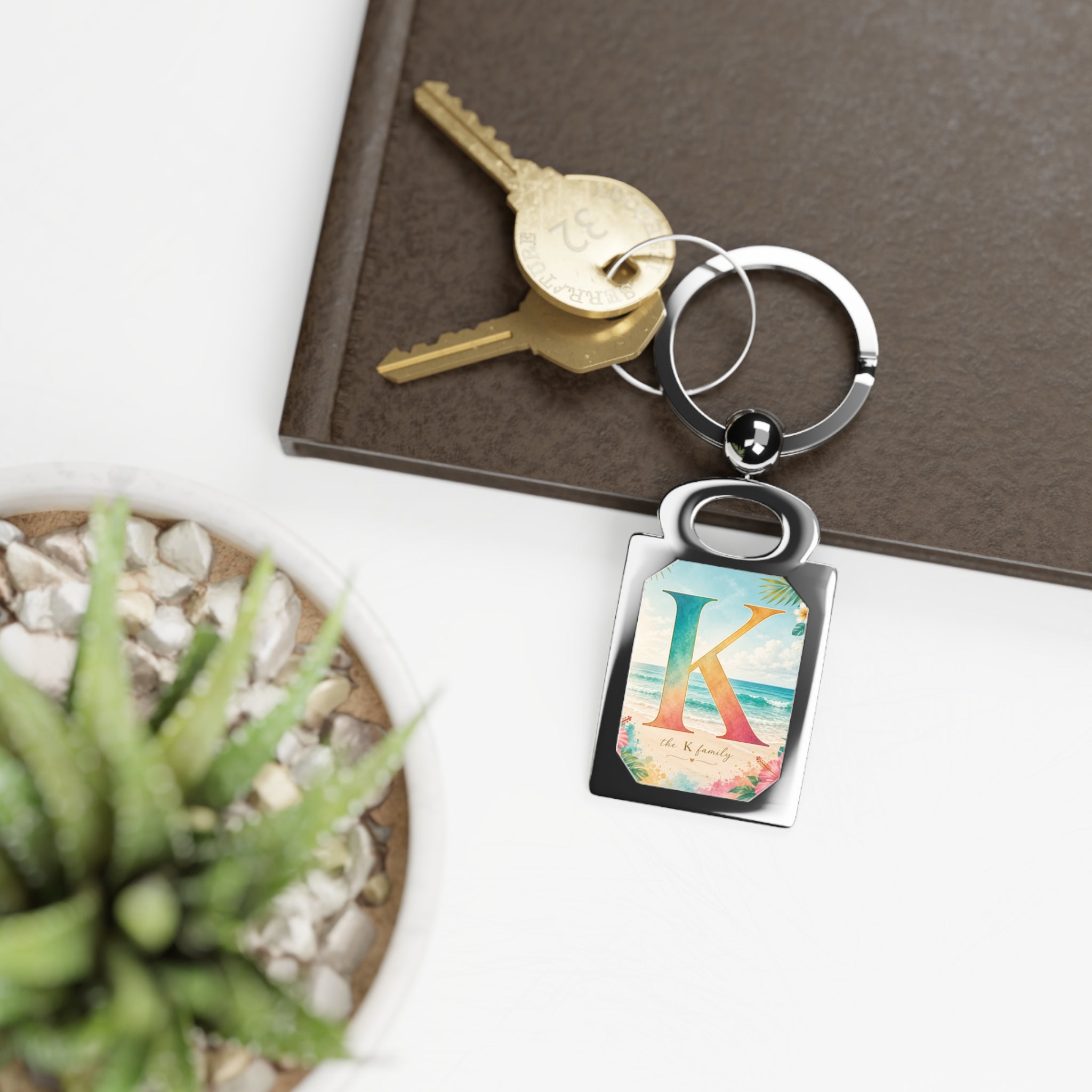 Personalized Rectangle Keyring — Tropical Monogram K