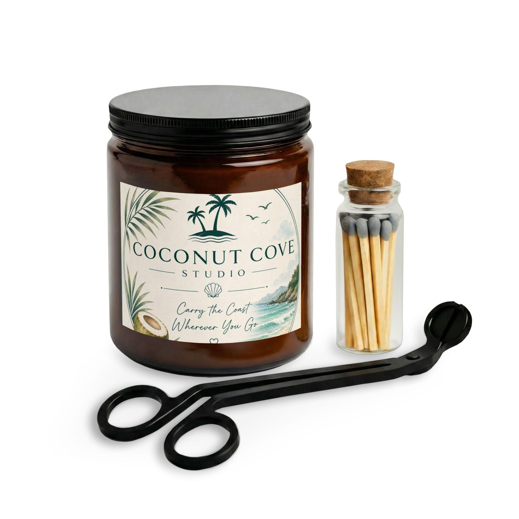Coconut Cove Scented Candle Set with Matches & Wick Trimmer