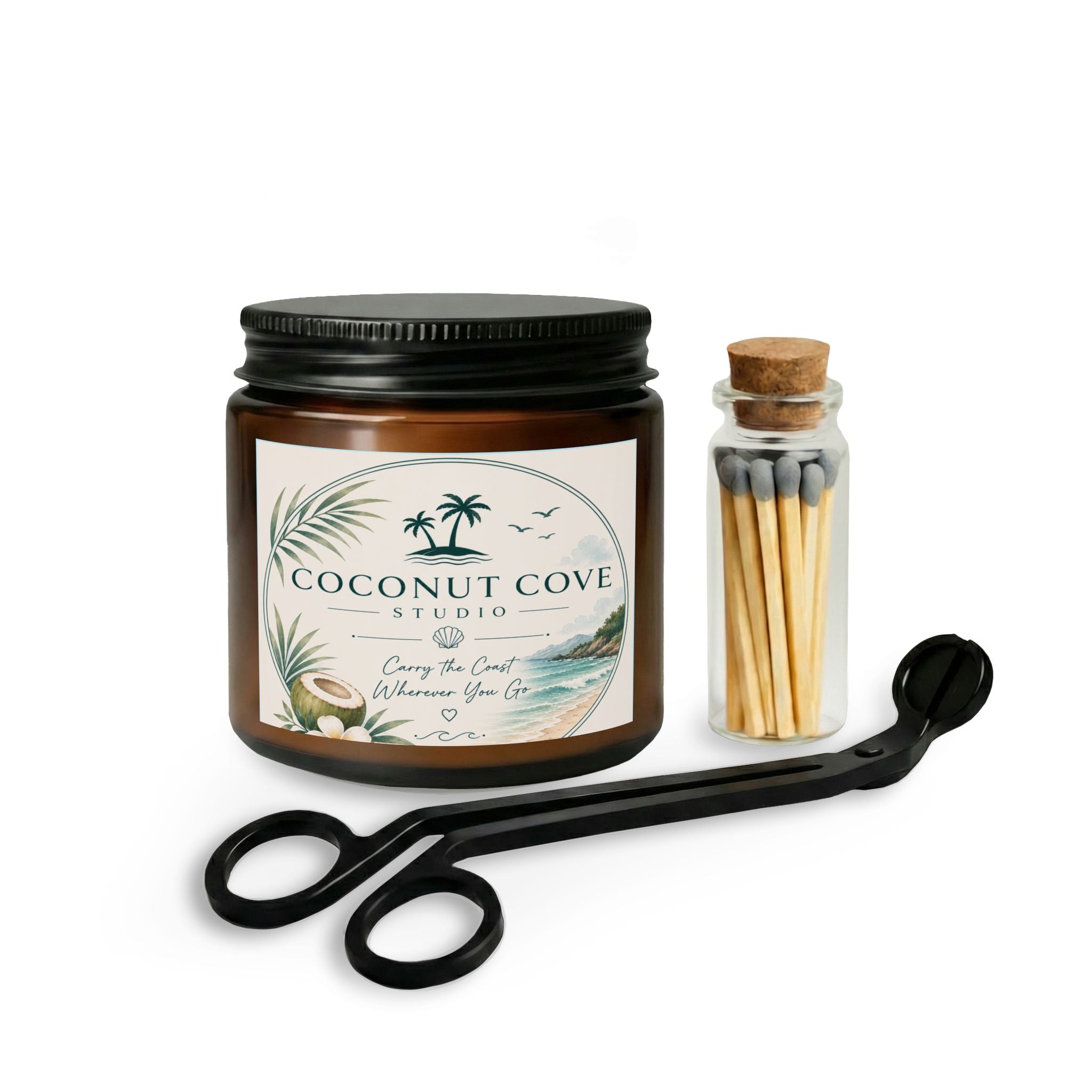 Coconut Cove Scented Candle Set with Matches & Wick Trimmer