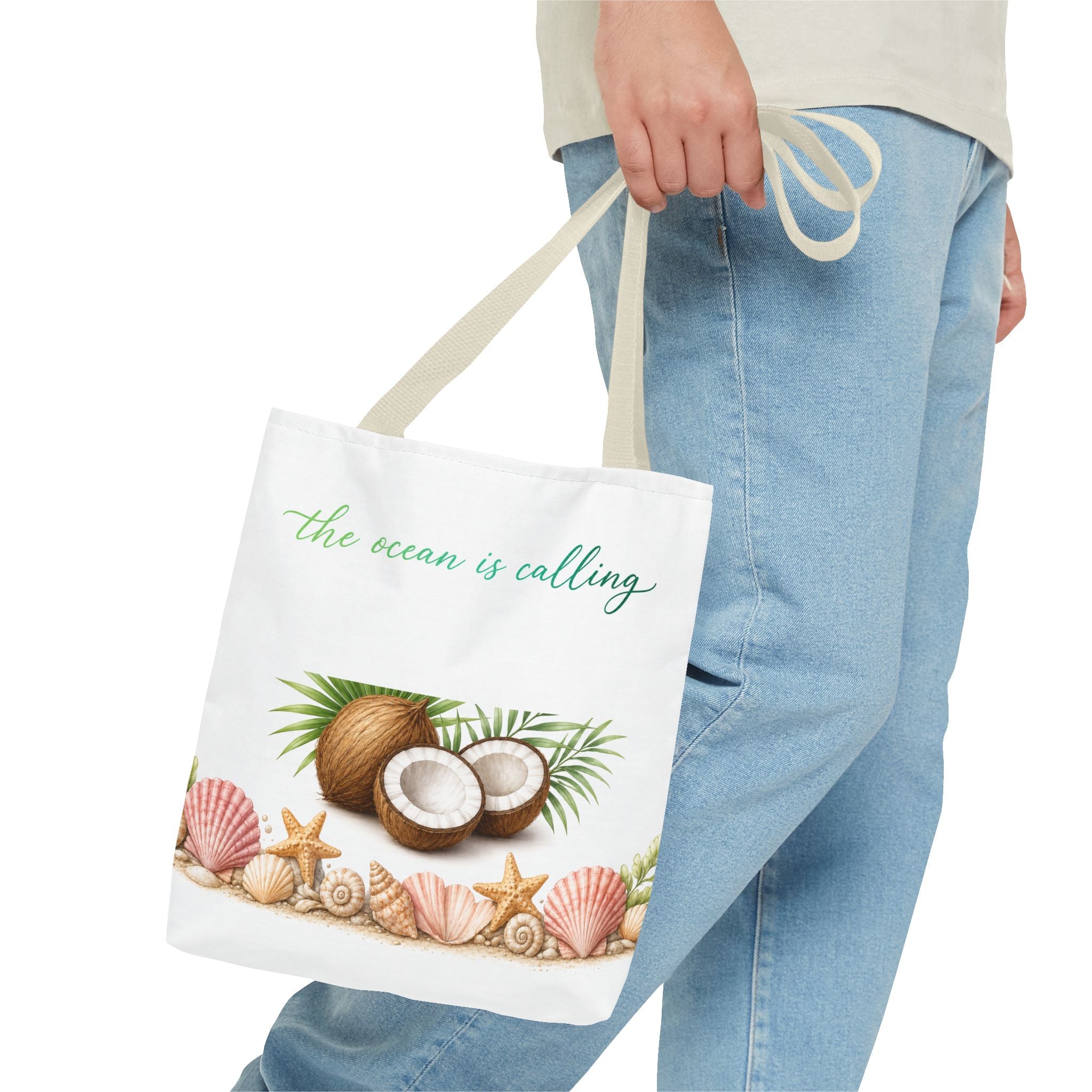 Beach Vibes Coconut Tote — “The Ocean Is Calling” All-Over Print