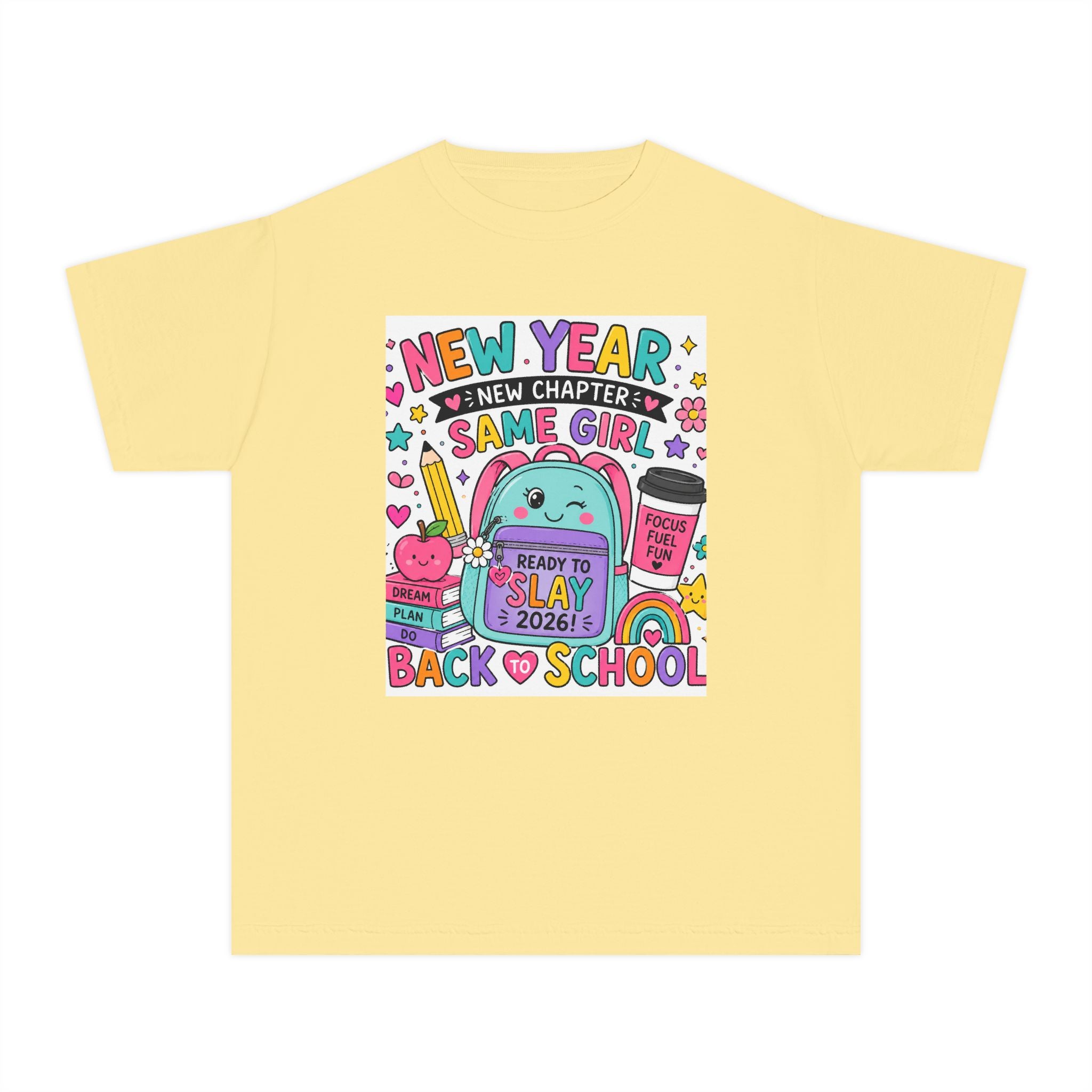 Youth Graphic Tee — "New Year, New Chapter, Same Girl" Back-to-School Cute Rainbow Design