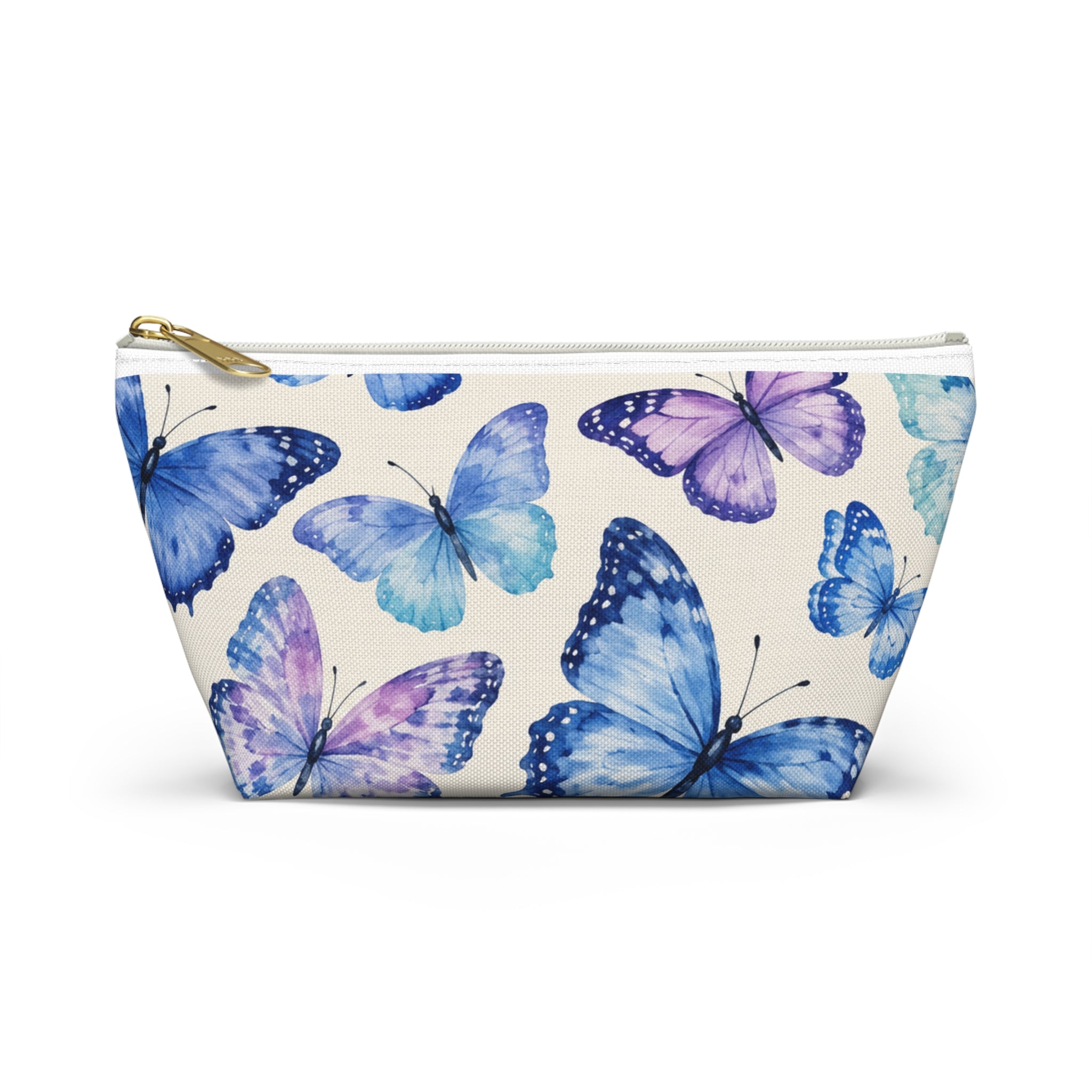 Blue & Purple Butterfly Accessory Pouch — Floral Makeup Bag with T-Bottom