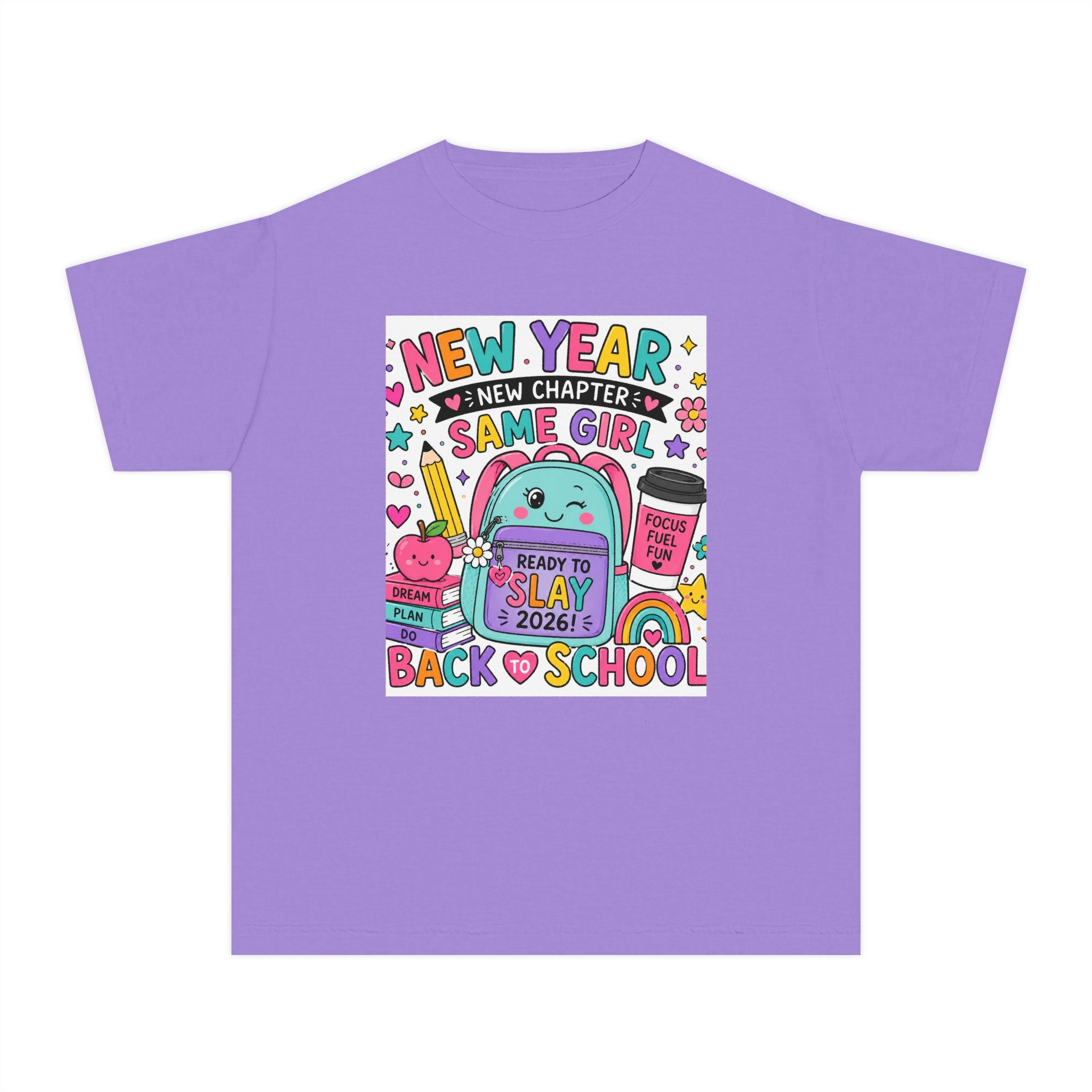 Youth Graphic Tee — "New Year, New Chapter, Same Girl" Back-to-School Cute Rainbow Design